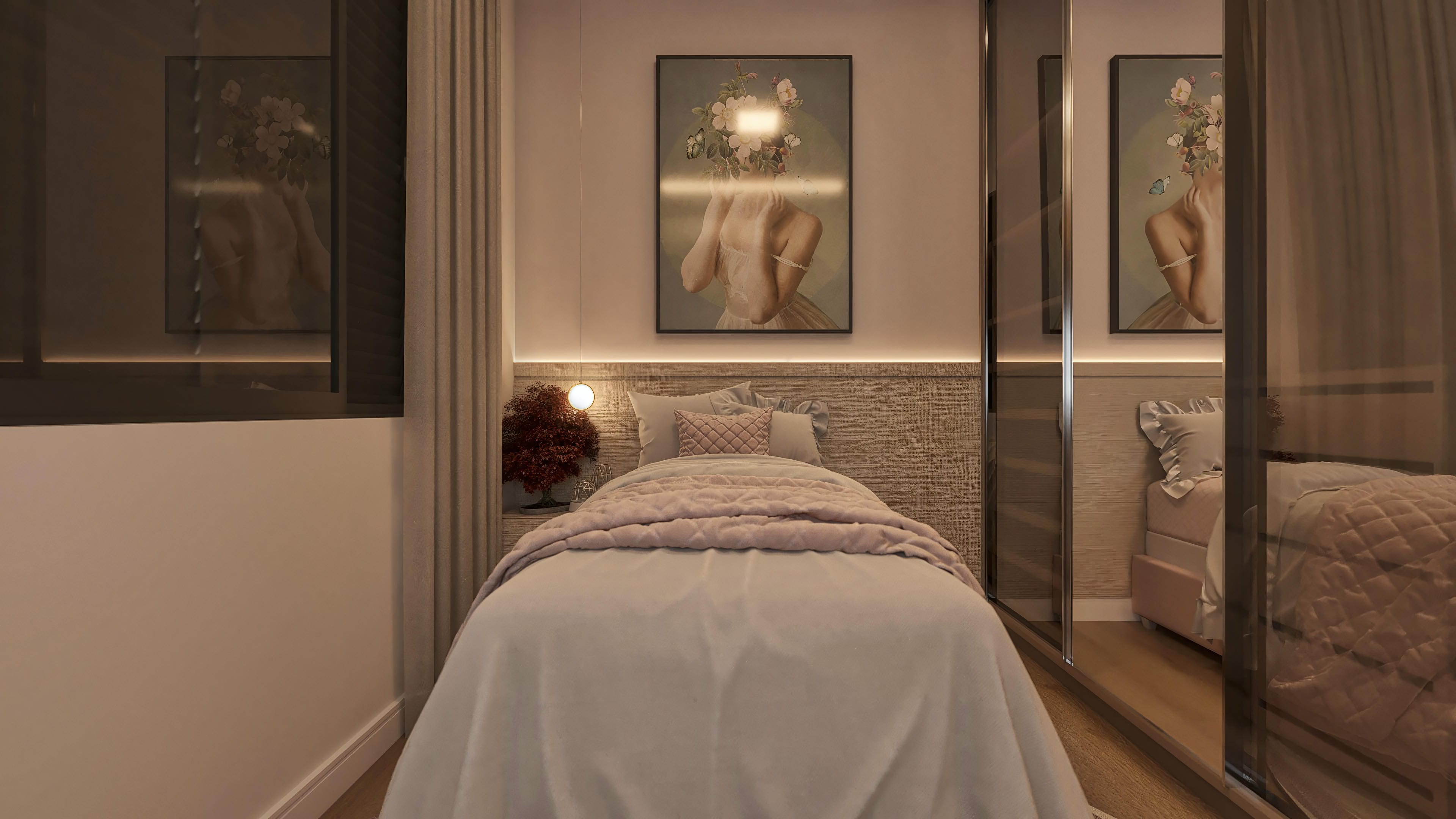 Elegant bedroom with double bed, textured headboard, decorative paintings, and mirrored custom wardrobes.