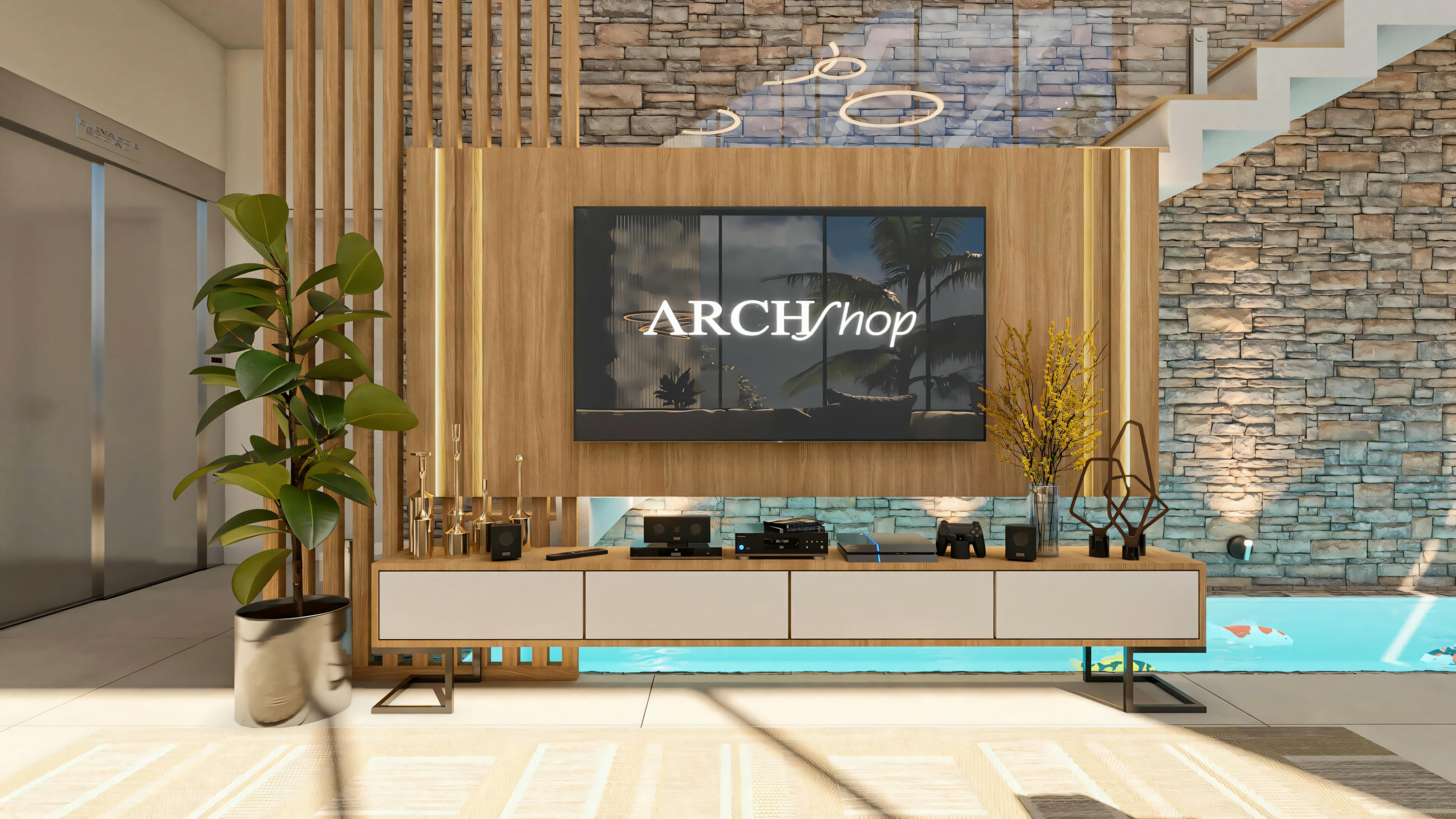 Sala de TV do projeto pronto com 5 suítes, com painel de madeira, rack moderno, parede de pedra ao fundo, divisória de madeira ripada e vista para a piscina.