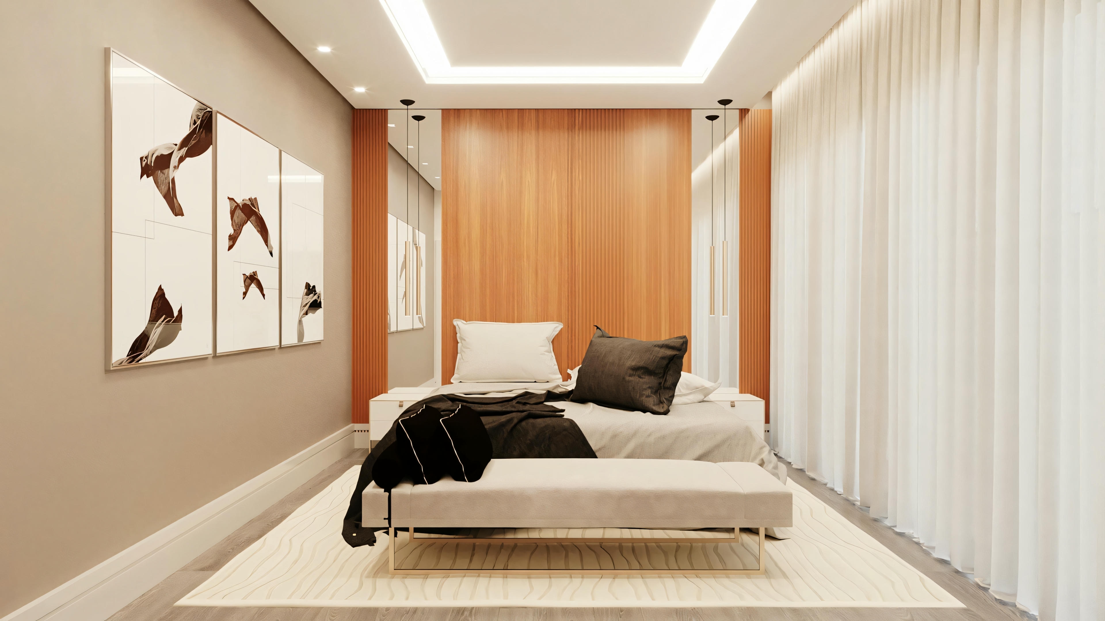 Um quarto com uma cama grande, mesas de cabeceira e uma paleta de cores suaves proporcionando um ambiente calmo.