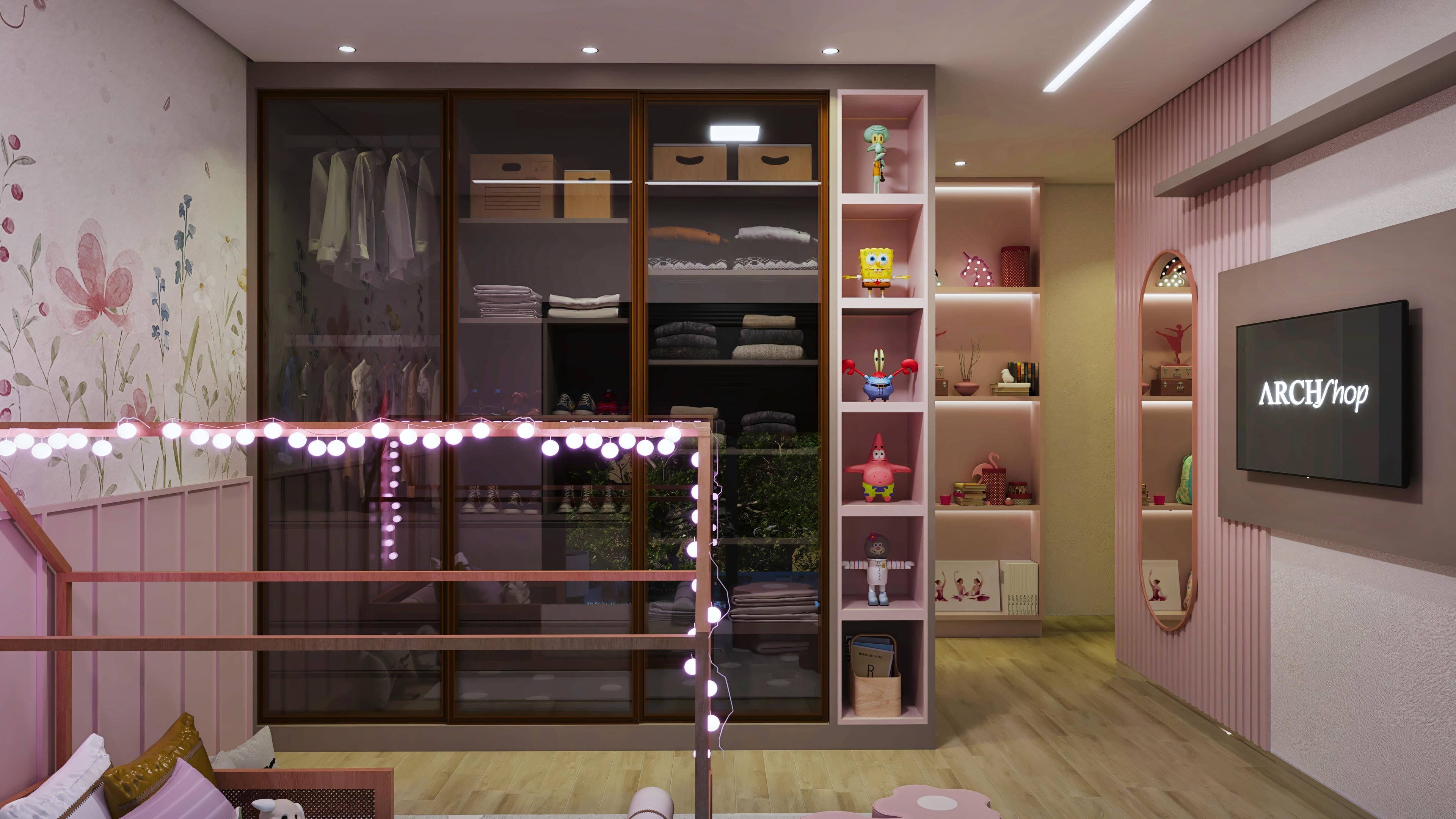 Quarto infantil com papel de parede floral, armário planejado espelhado e prateleiras temáticas com personagens infantis. Iluminação indireta e piso amadeirado.