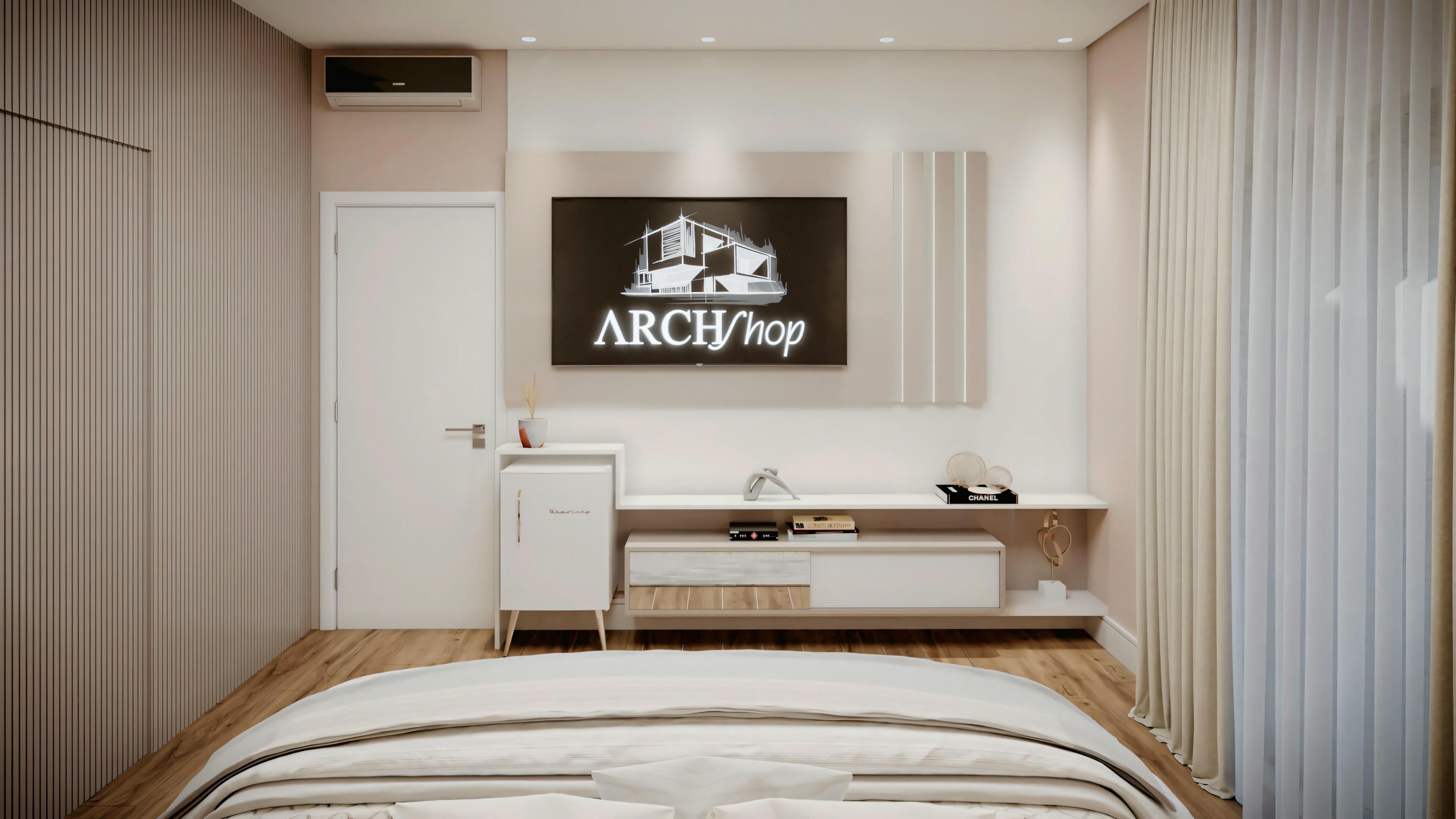 Um quarto moderno com uma cama grande, colcha estampada, mesas de cabeceira e uma TV de tela plana na parede oposta.