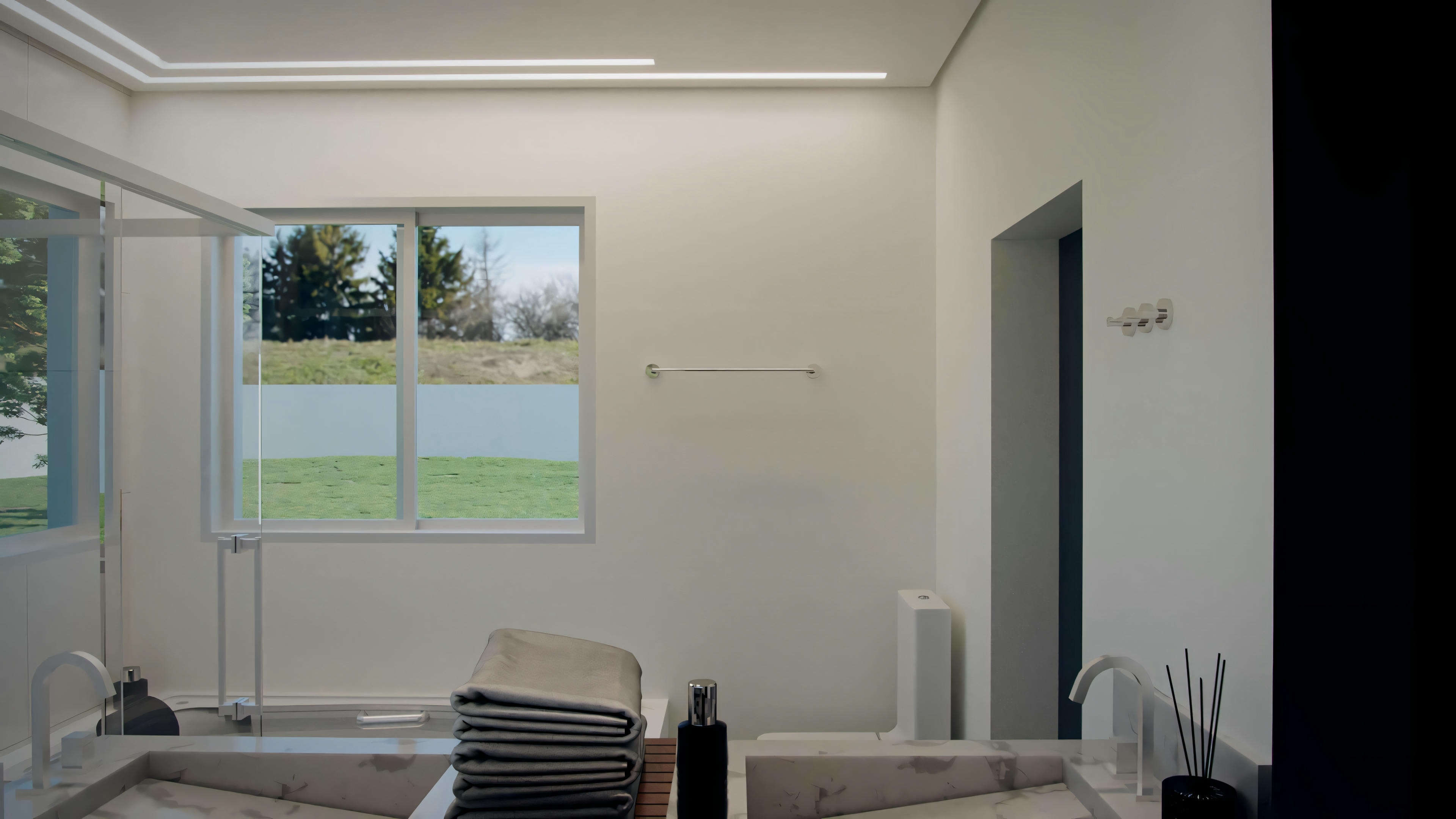Um quarto com uma grande janela revelando uma vista externa de uma paisagem verde e céu claro. O quarto é moderno, com móveis minimalistas e design em cores neutras.