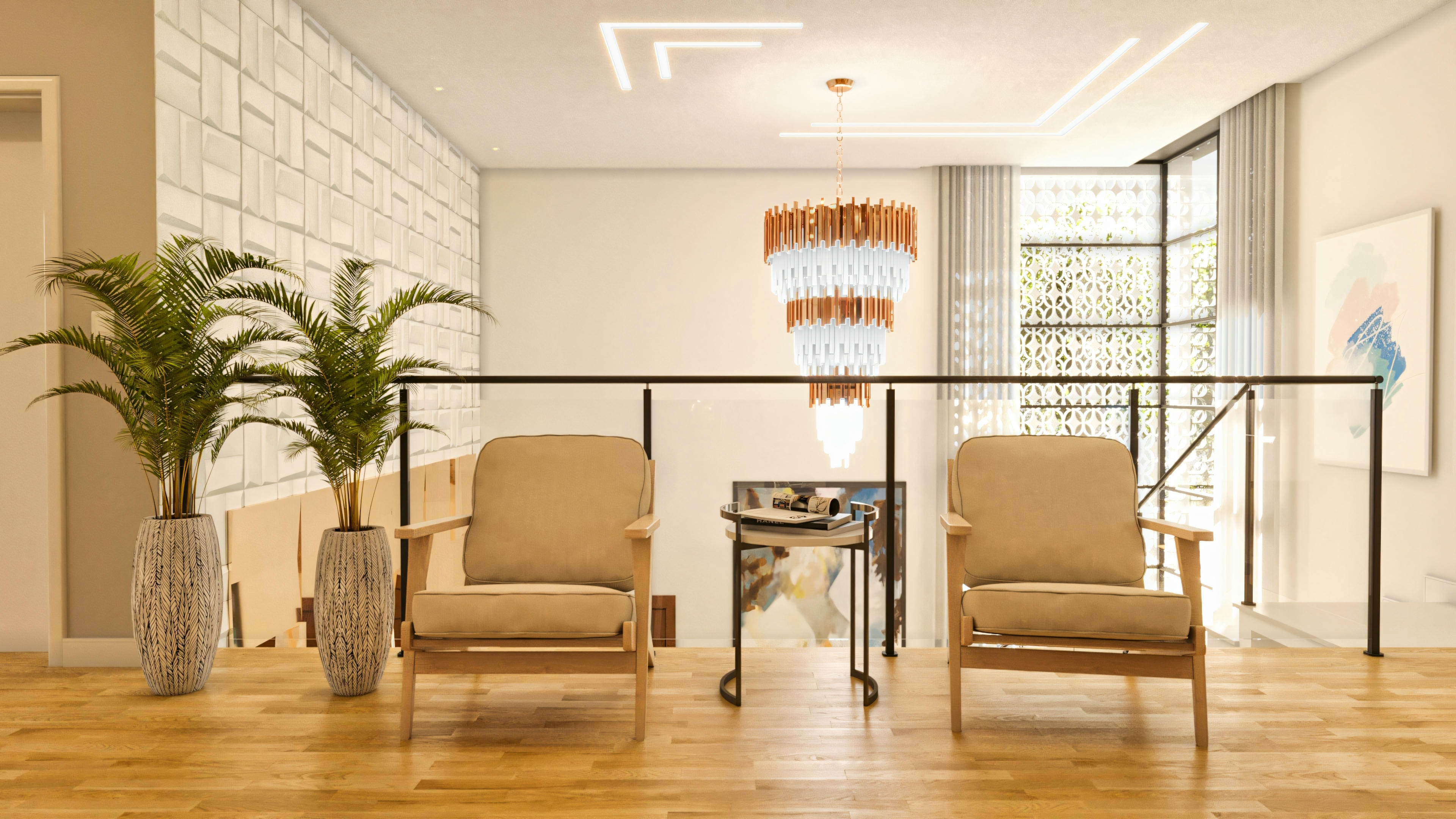 Sala de estar o living en el entrepiso con piso de madera, dos sillones confortables, maceteros, barandal de vidrio, colgante decorativo y amplia ventana al fondo, en proyecto de casa con piscina.