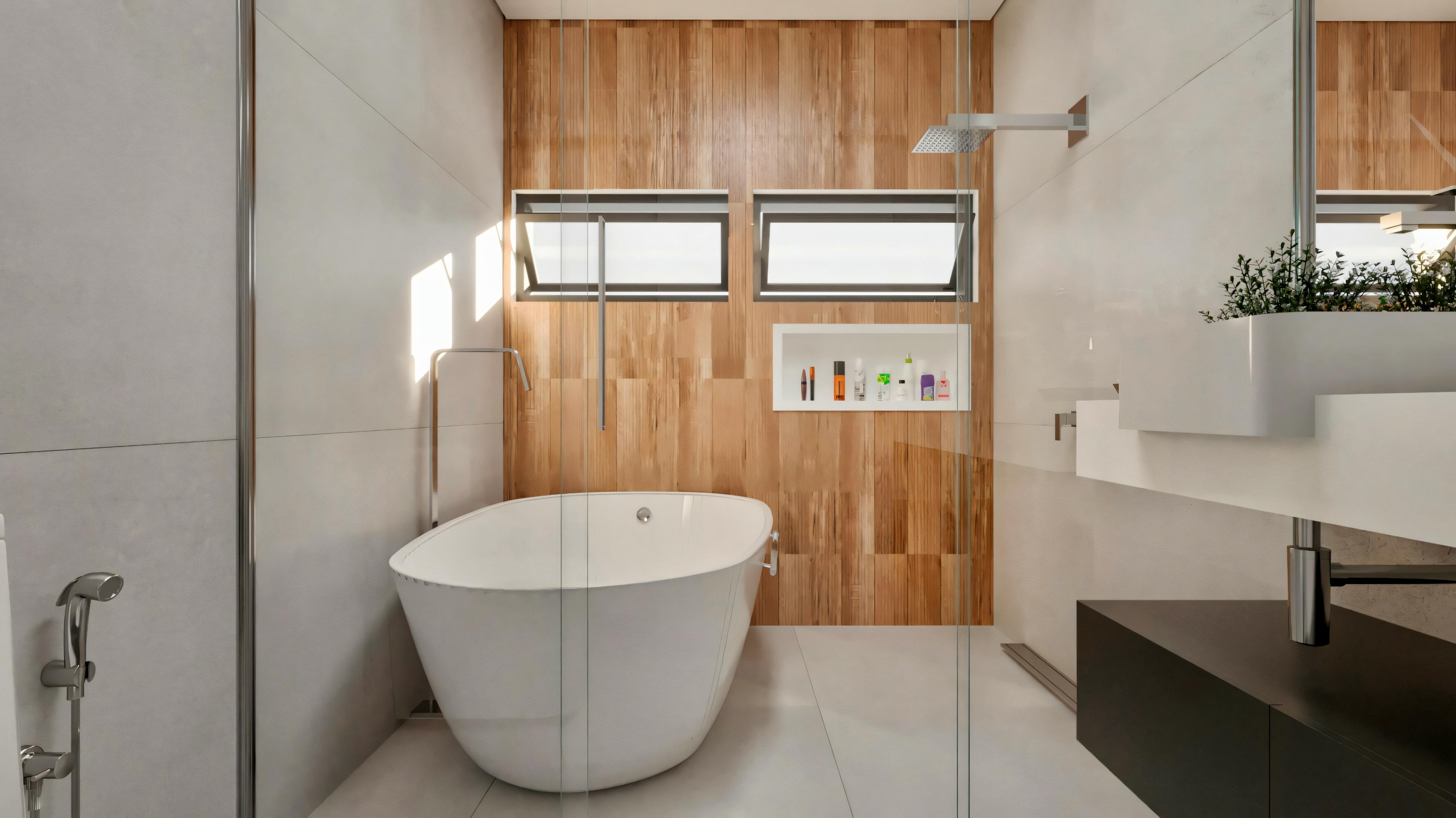 A spacious bathroom with a bathtub, shower, and vanity area.
