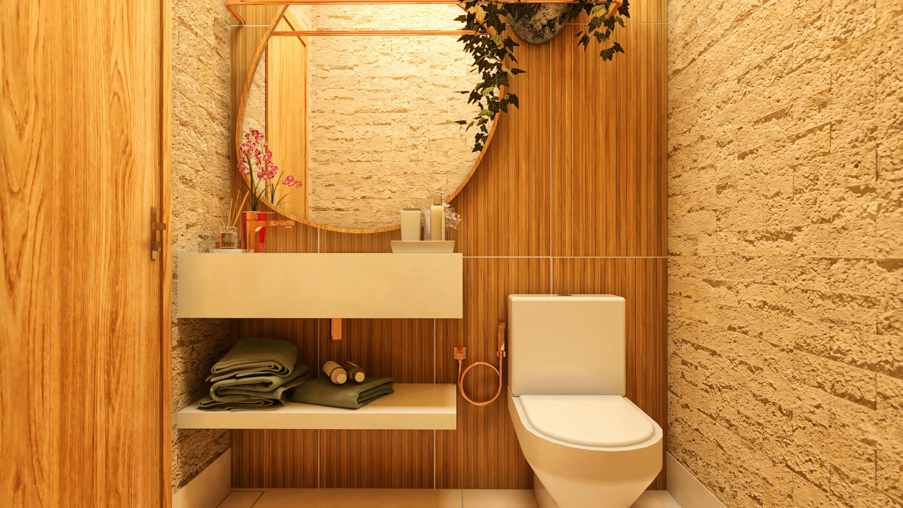 Suite bathroom in a modern 3-bedroom house, with wood panel wall cladding and stone texture. Features a toilet, floating countertop with vessel sink, round mirror, and wooden cabinet.