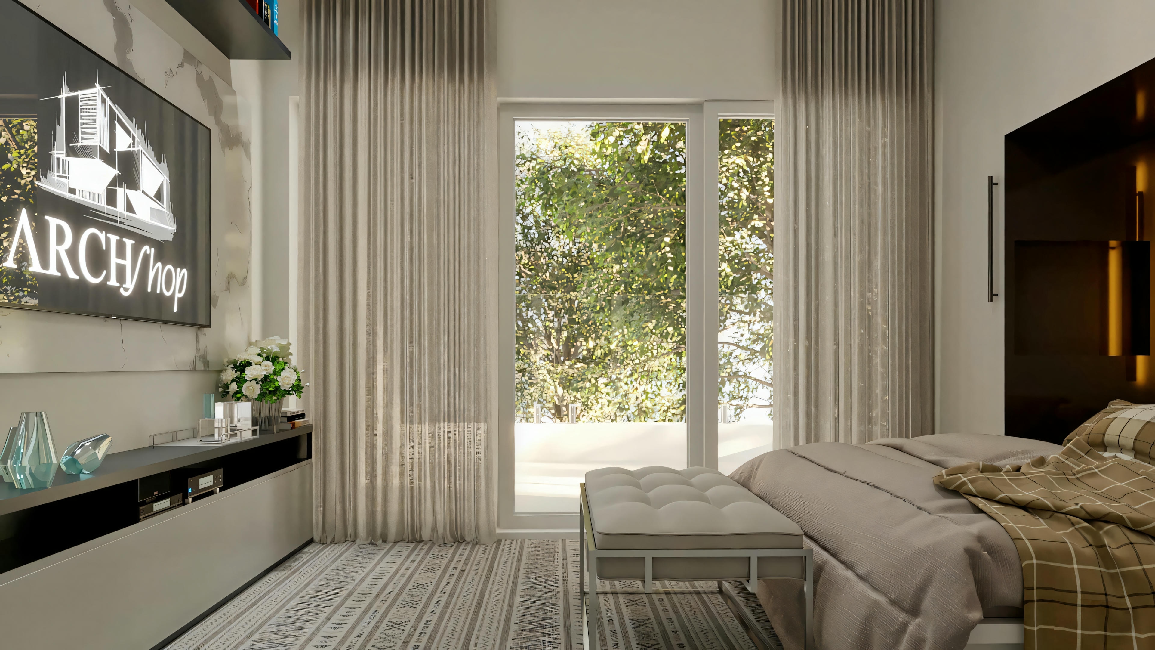 Suite bedroom of the single-story house project with 3 bedrooms and pool, showing the bed, bench, TV panel and large window with curtains. Archshop ready-made project.