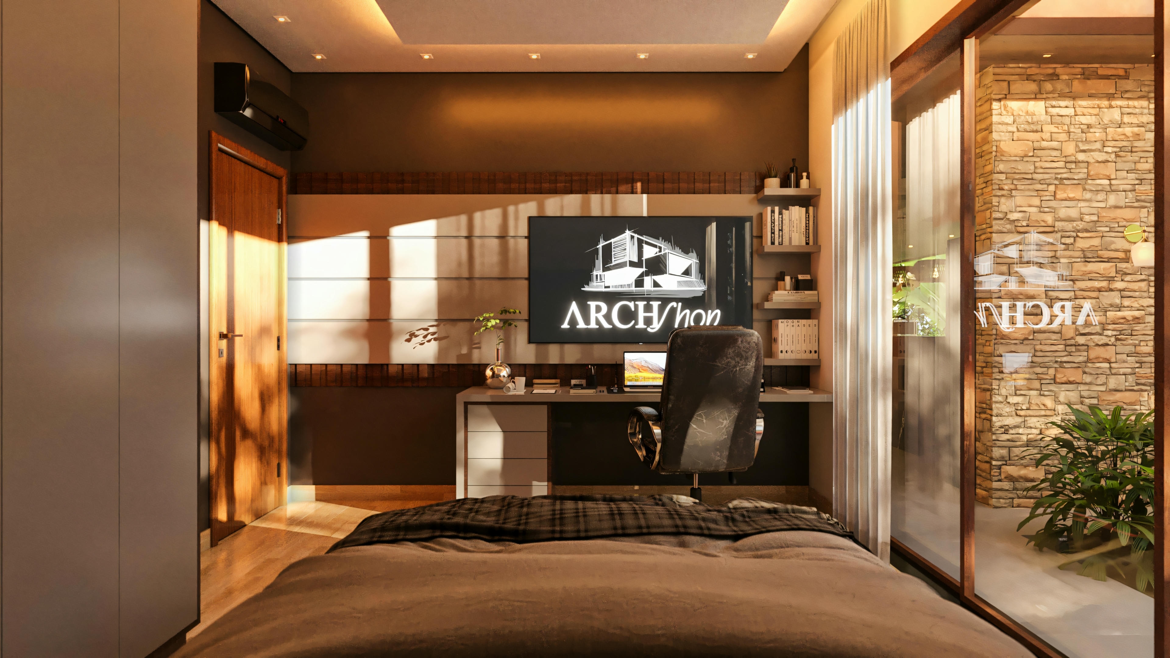 Dormitorio de suite en casa de lujo con cama de matrimonio en el centro, armario planeado a la izquierda, estación de trabajo con monitor a la derecha, y gran puerta corredera de vidrio con vista a un jardín interno con pared de piedra y vegetación.