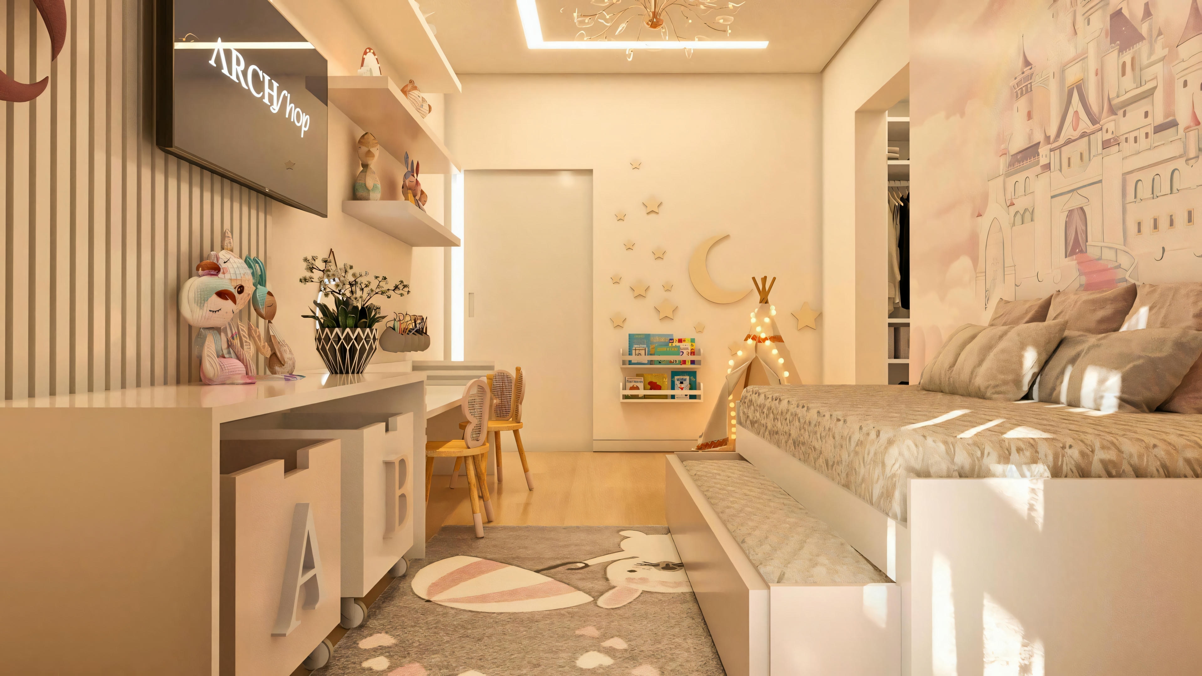 Vista ampla da suíte infantil feminina em casa de luxo, com cama/bicama, painel de castelo, bancada de estudos, painel de TV e canto de brincar.