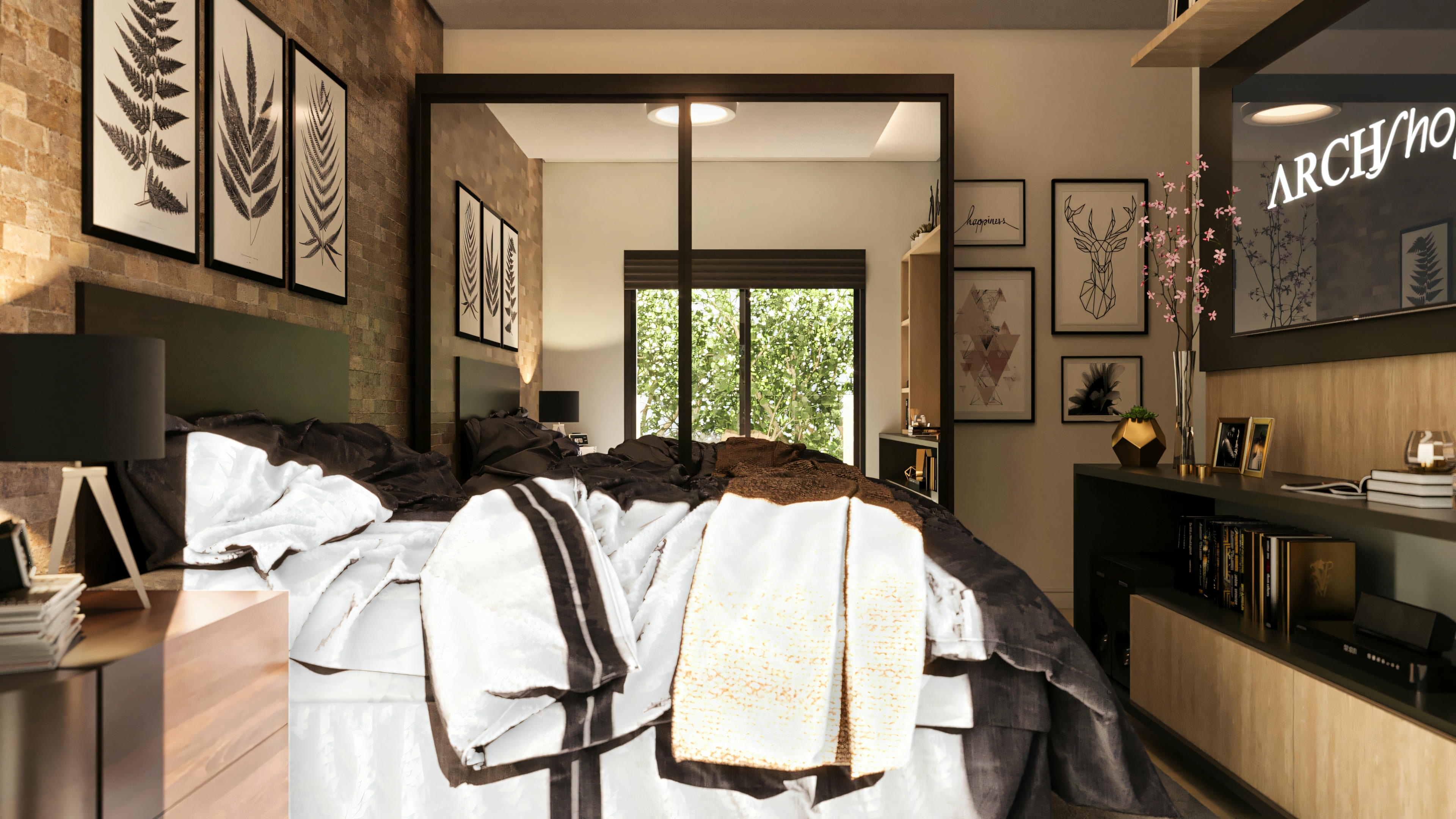 View of the modern suite in a high-standard house with 5 bedrooms, showing brick wall, bed, mirrored wardrobe, and TV panel with decor.