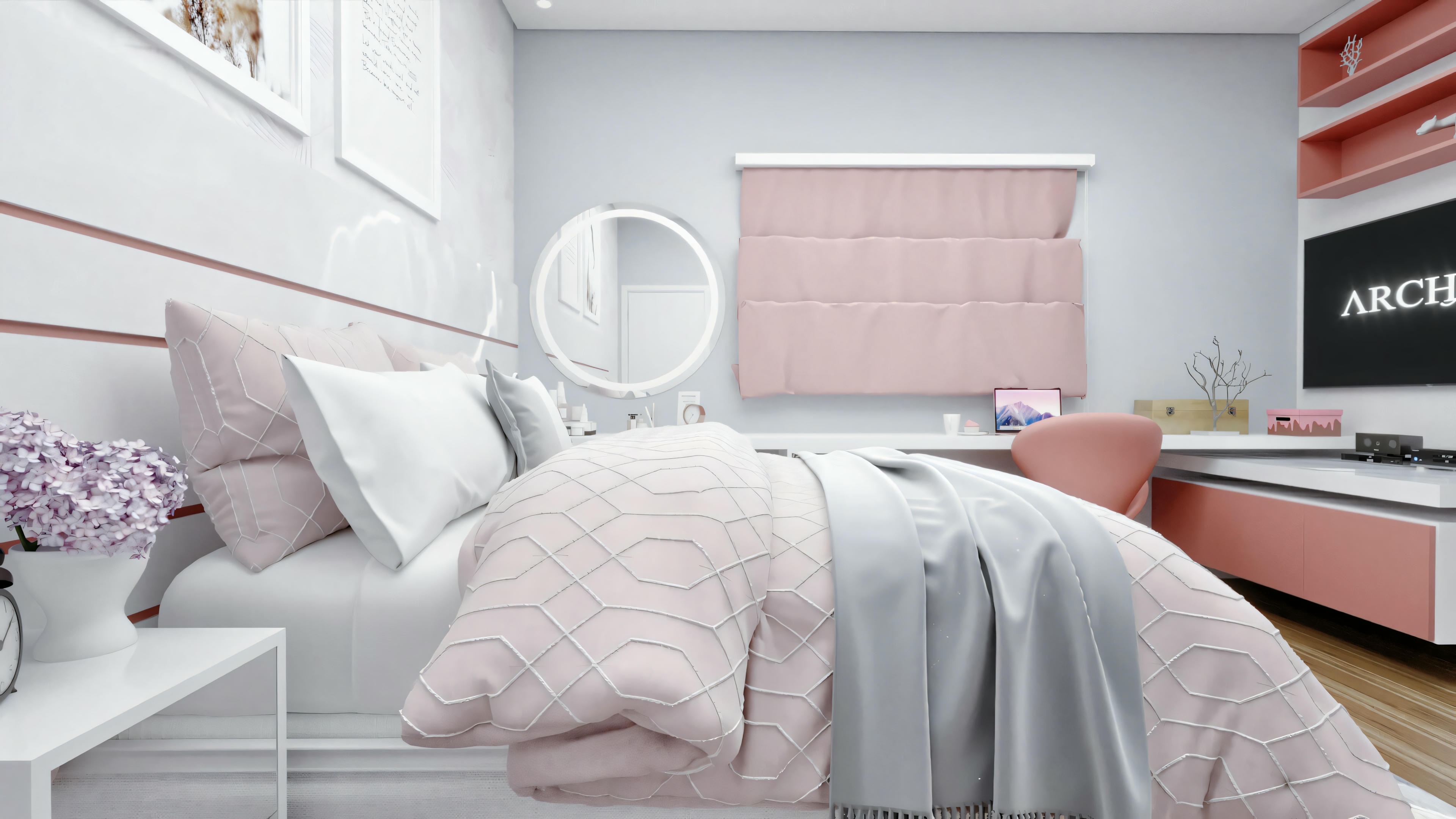 A tidy bedroom with a bed, pillows, a side table with a lamp, and a window with pink blinds.