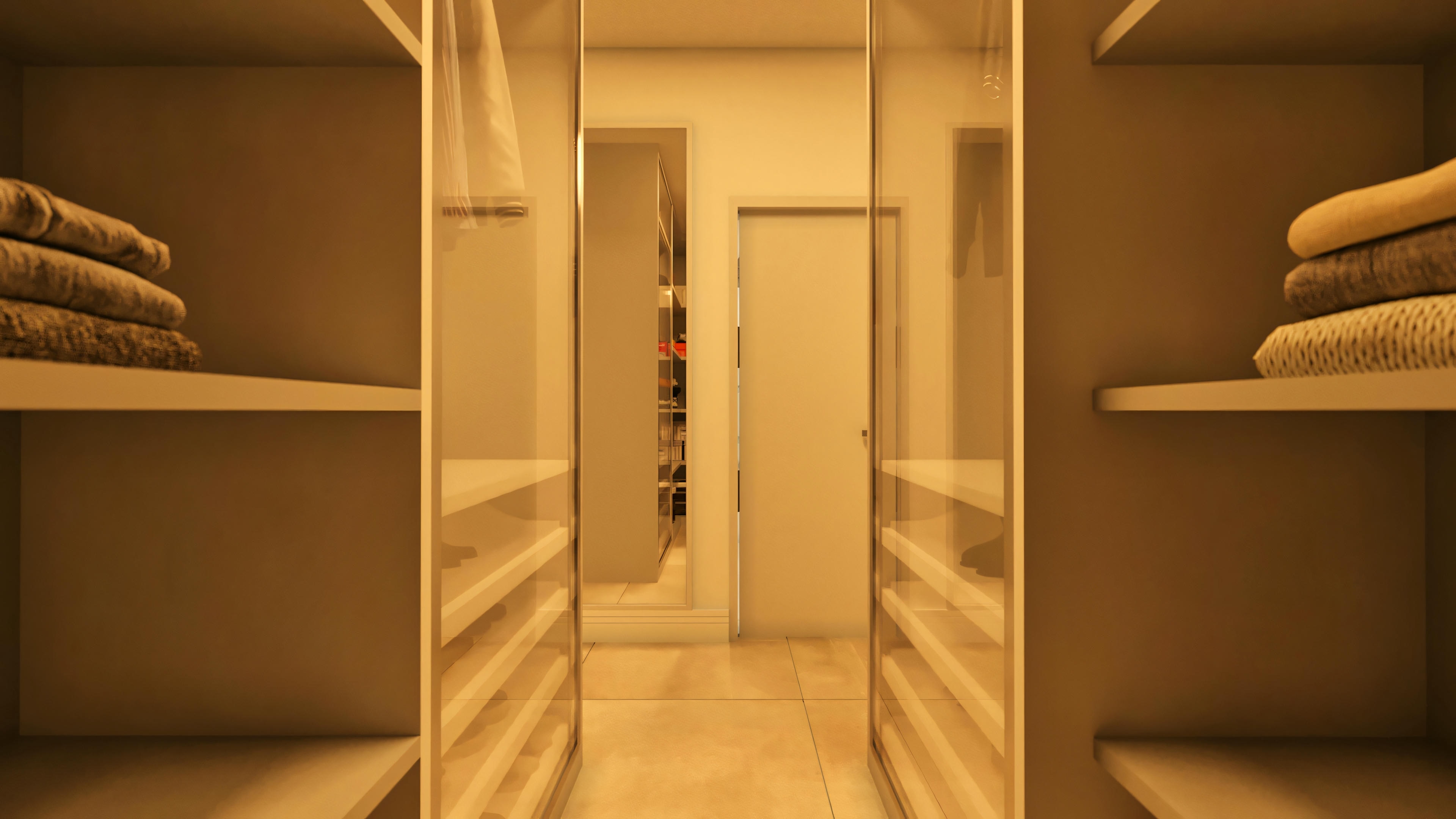 Interior de vestidor espacioso en suite de casa de dos plantas moderna de 210m², presentando estanterías abiertas con objetos organizados y puerta al fondo.