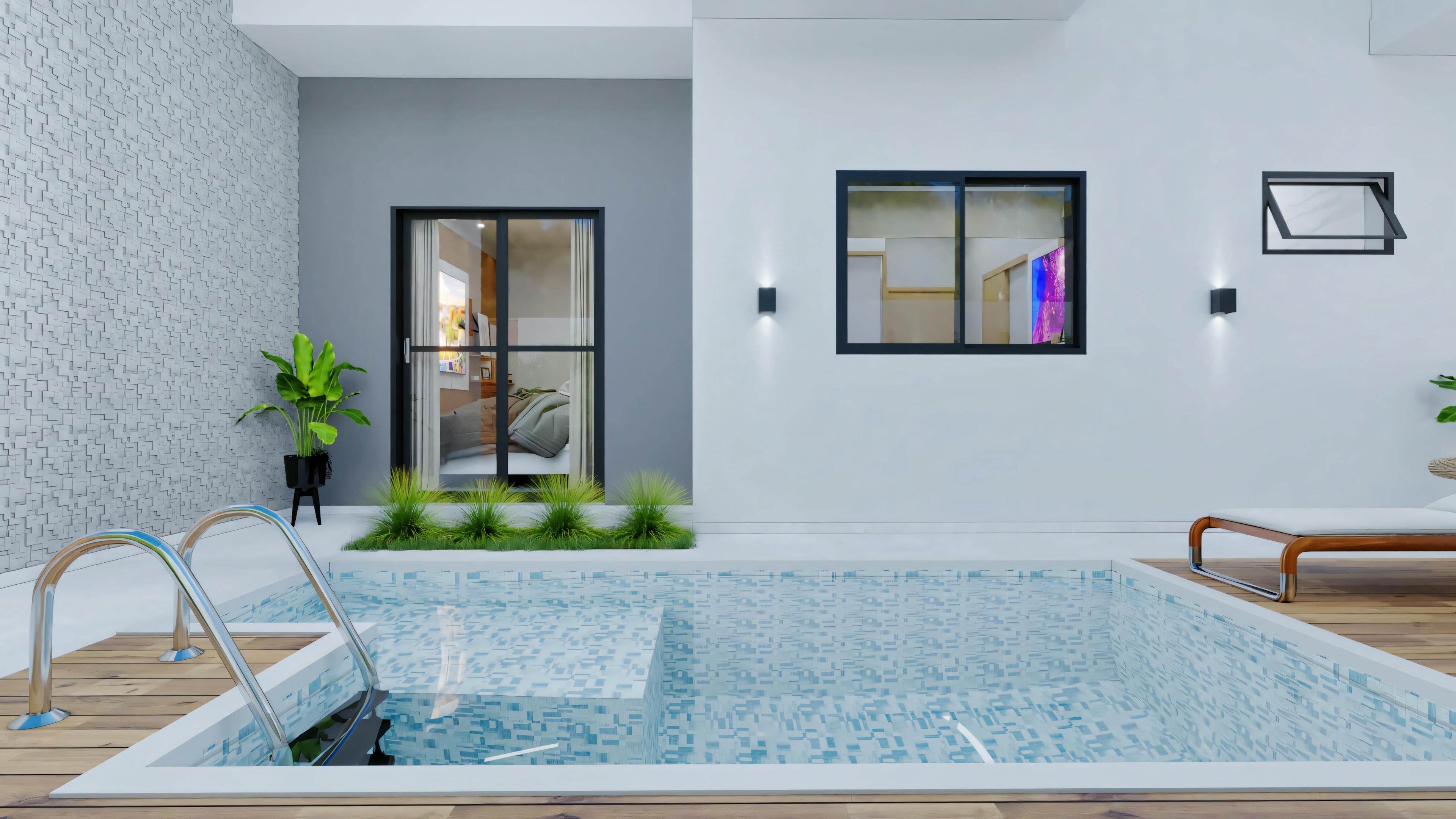 Una zona gourmet con piscina, con una escalera a la izquierda, rodeada por un deck blanco y un edificio con grandes puertas y ventanas de cristal al fondo.