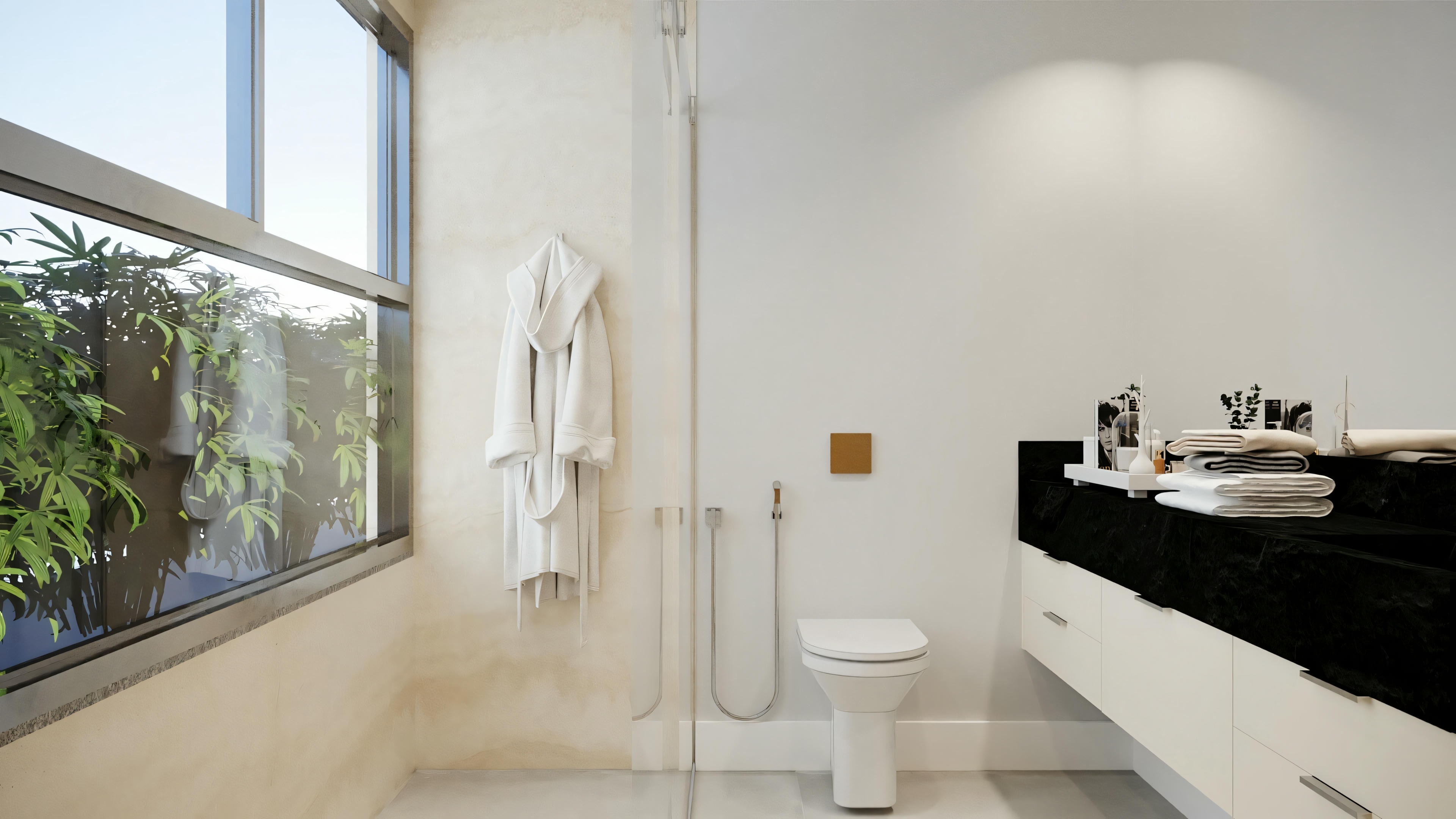 Um banheiro com chuveiro walk-in e linhas limpas.