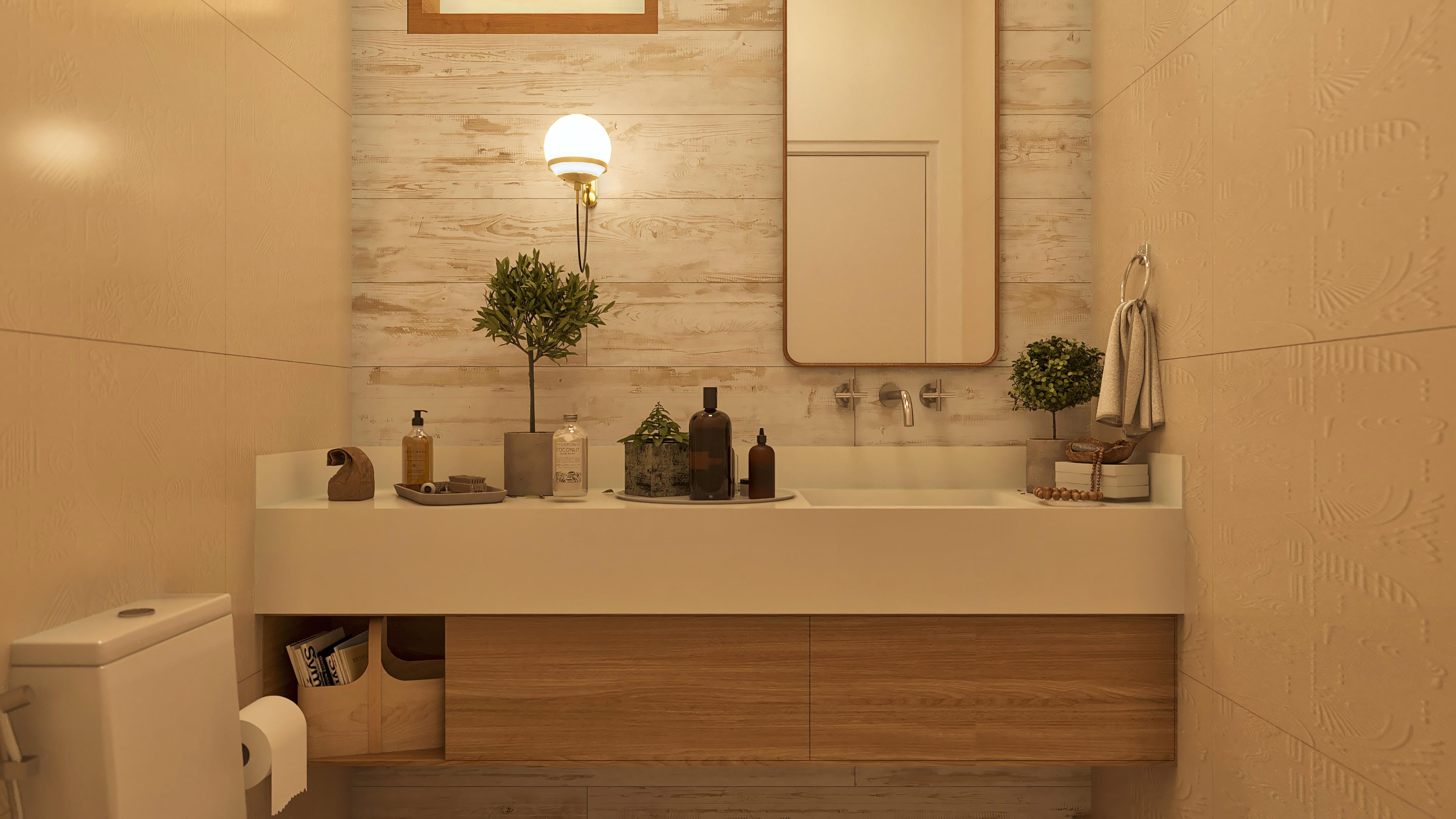 Detalles de un baño moderno con barra clara, espejo con marco de madera, iluminación discreta y revestimiento con textura en relieve en las paredes.