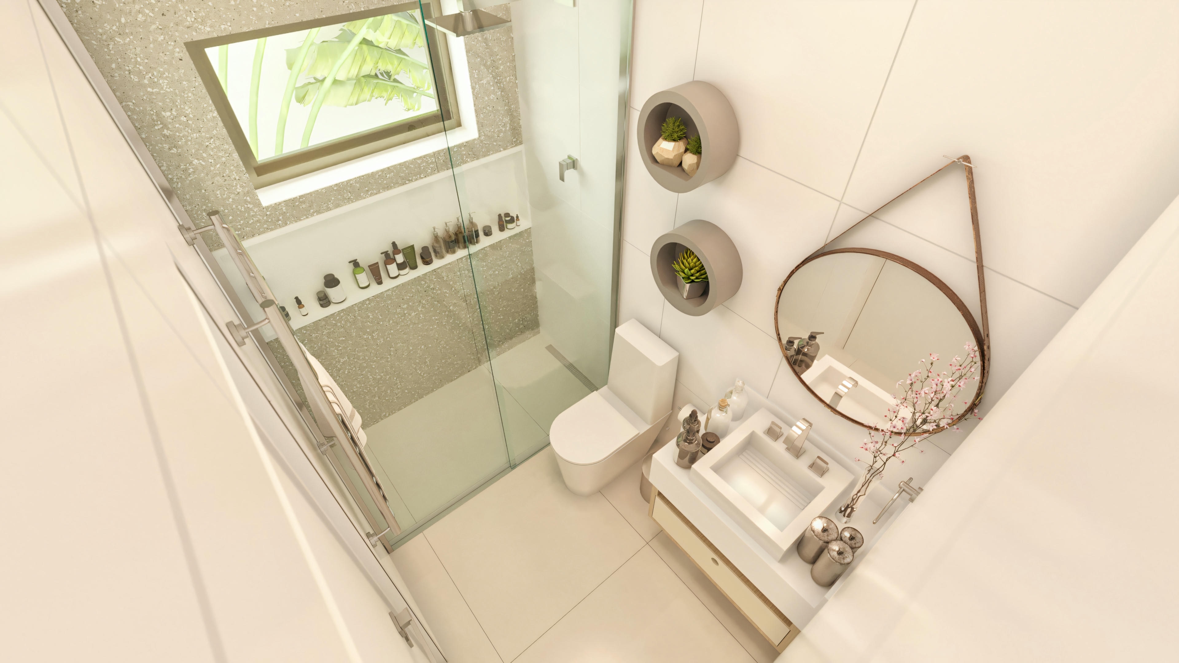 Diseño de baño con nichos decorativos.