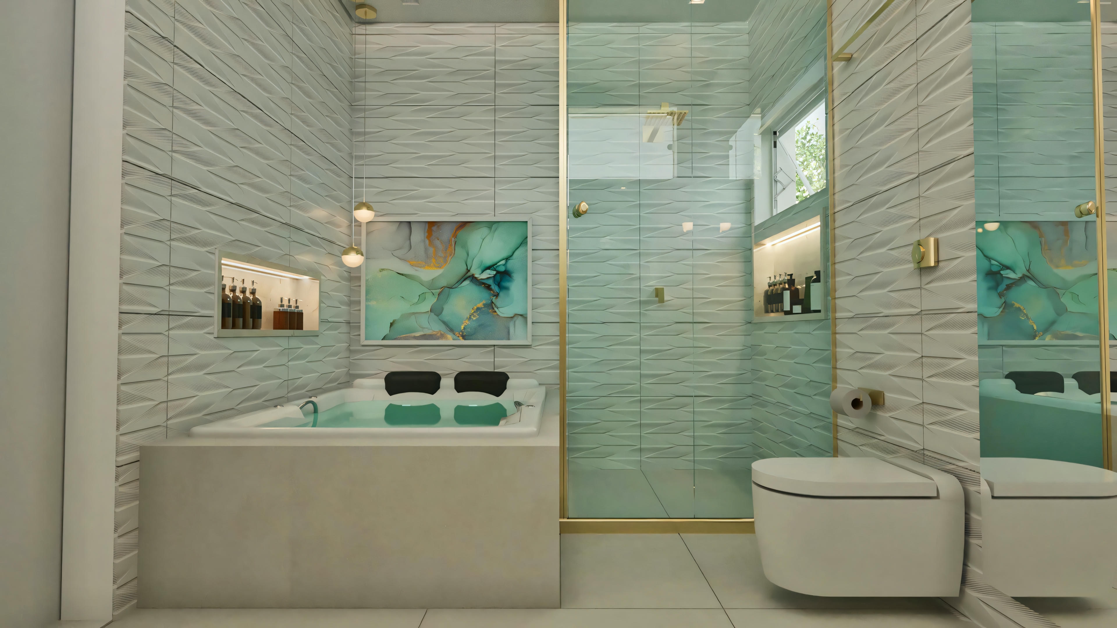 Foto do banheiro da suíte principal desta planta de casa moderna térrea com 3 quartos (203.67m²). Vista inclui banheira com nicho, box com nicho, sanitário e decoração com quadro e pendente.