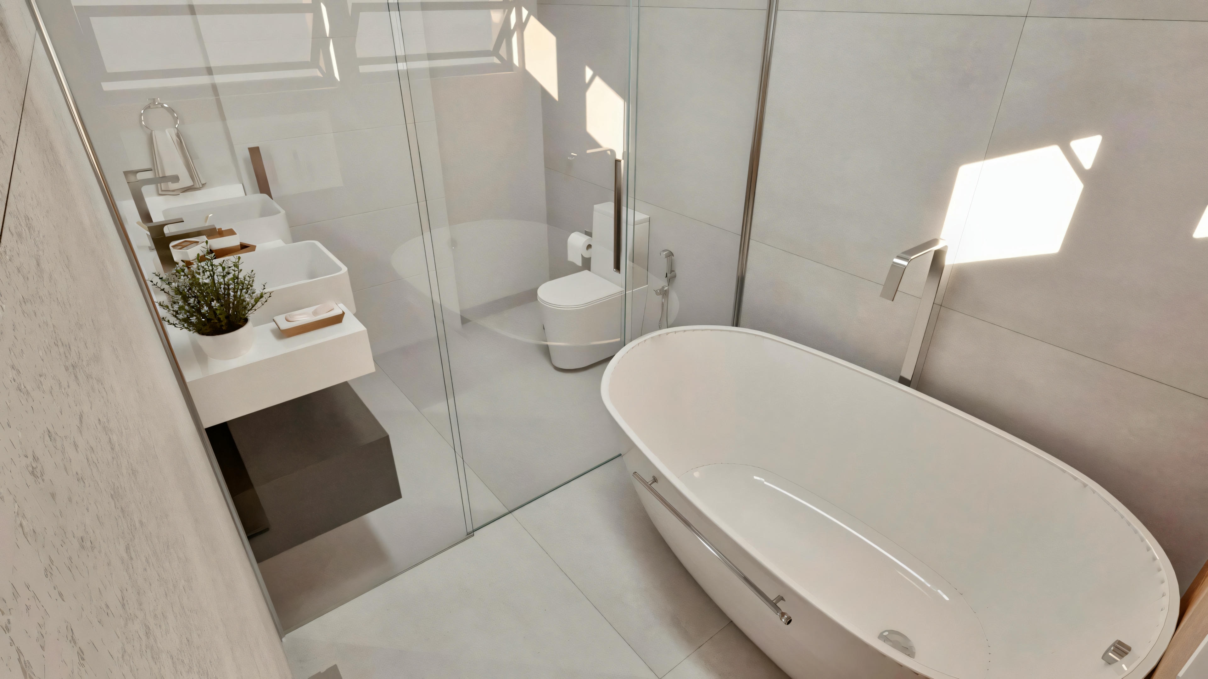 Un baño más grande com bañera blanca, mampara de ducha com puertas de cristal y zona de tocador com lavabo y espejo.