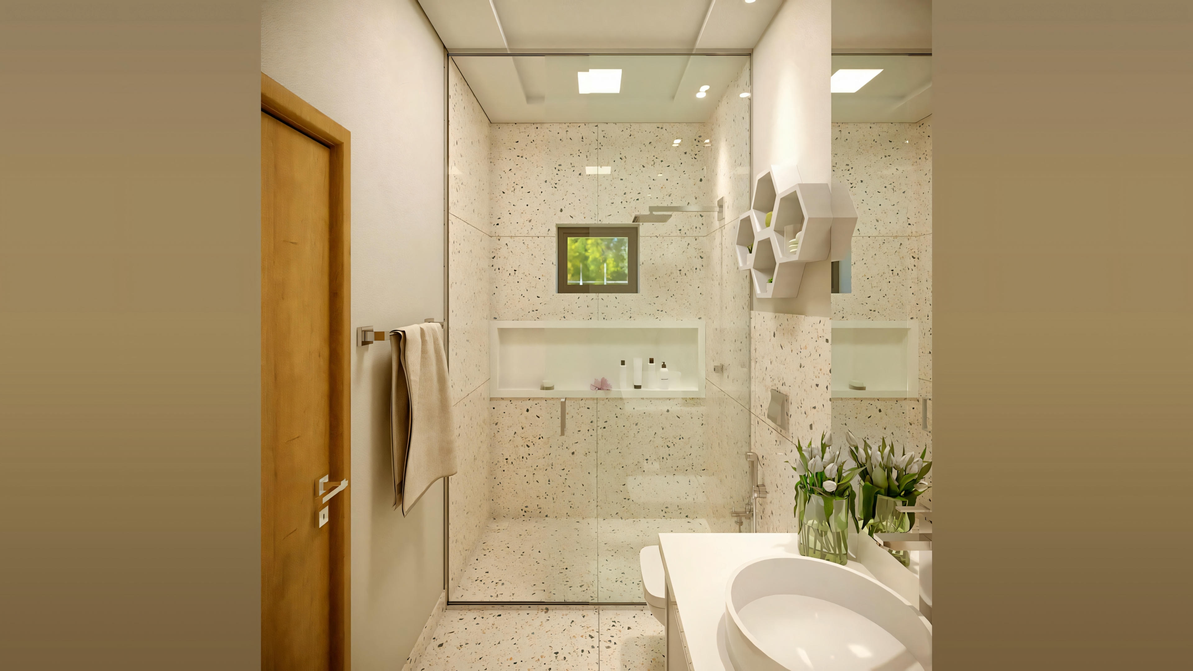 Un baño con paredes de azulejos, mampara de ducha de cristal y una puerta de madera parcialmente visible.