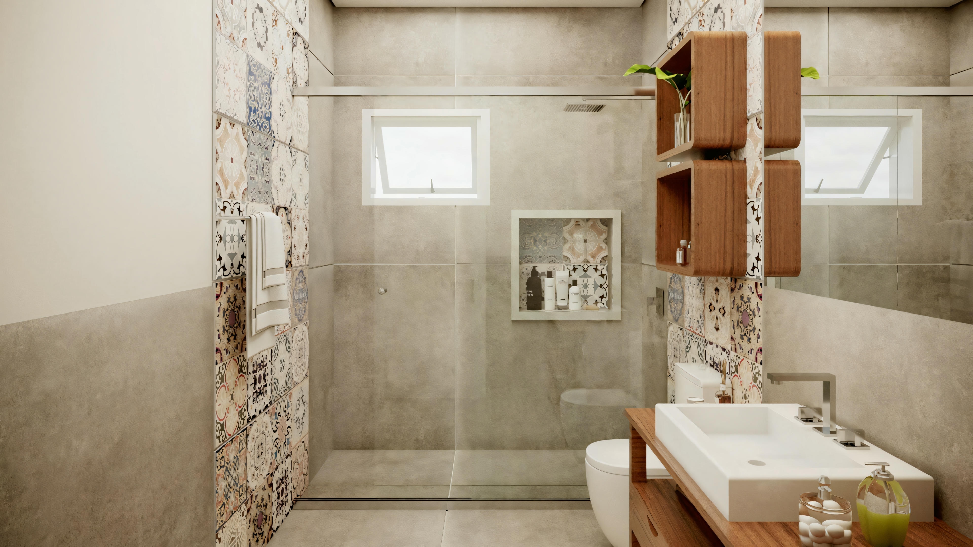 Baño con azulejos beige, lavabo, espejo y área de ducha.