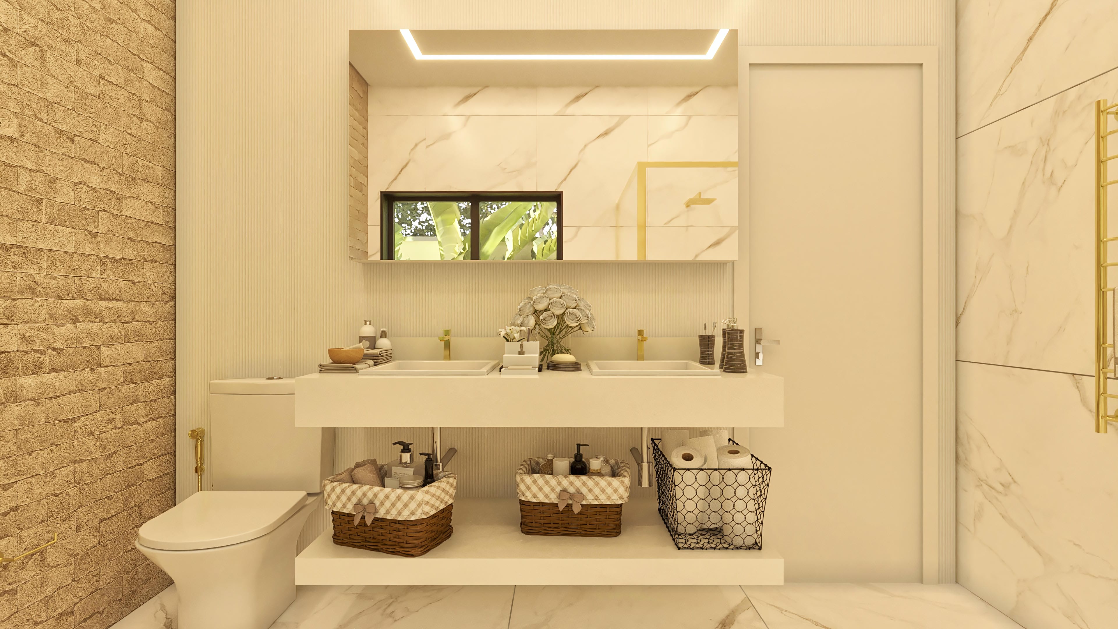 Encimera de baño doble con lavabos integrados, espejo con iluminación LED, detalles en mármol y pared con textura de ladrillos vistos, combinando elegancia y modernidad.
