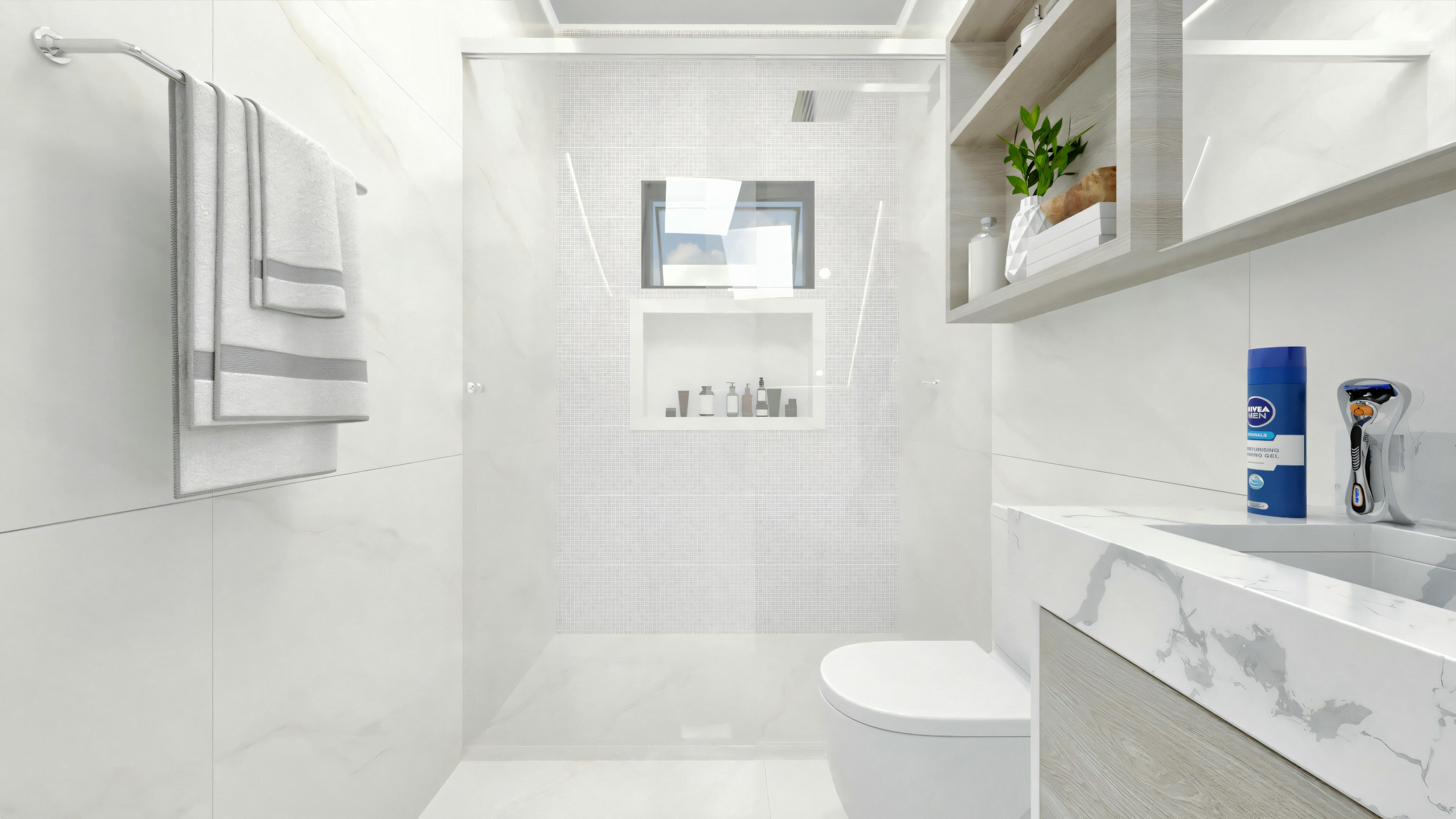 Un baño moderno con inodoro, estante de pared y división de vidrio para la ducha.