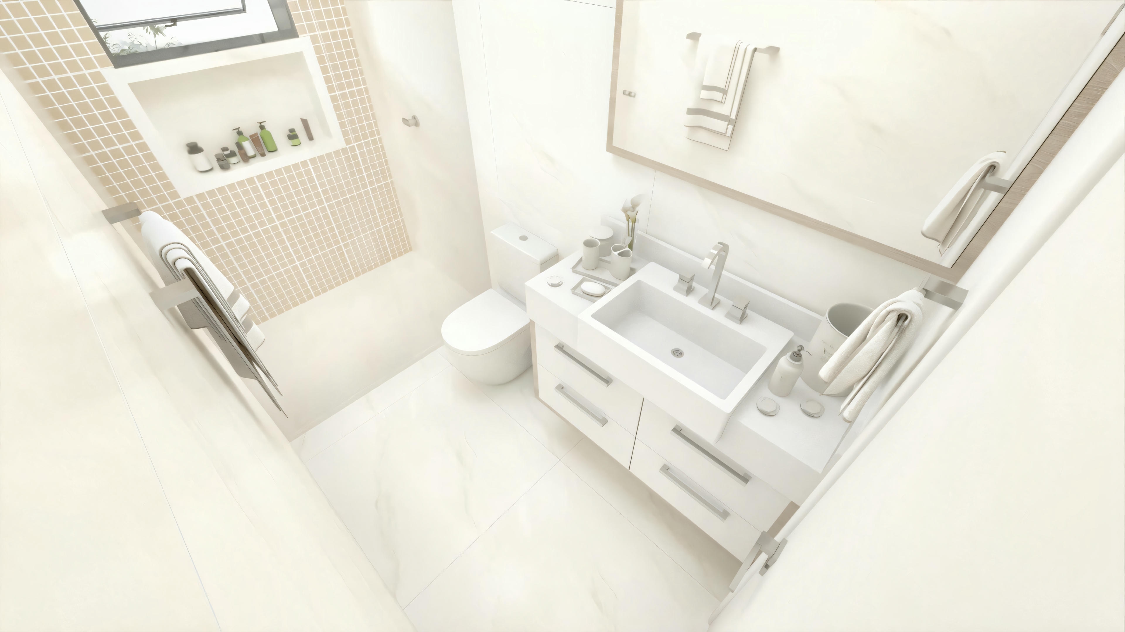 Top view of a bathroom with a shower, toilet, and sink.