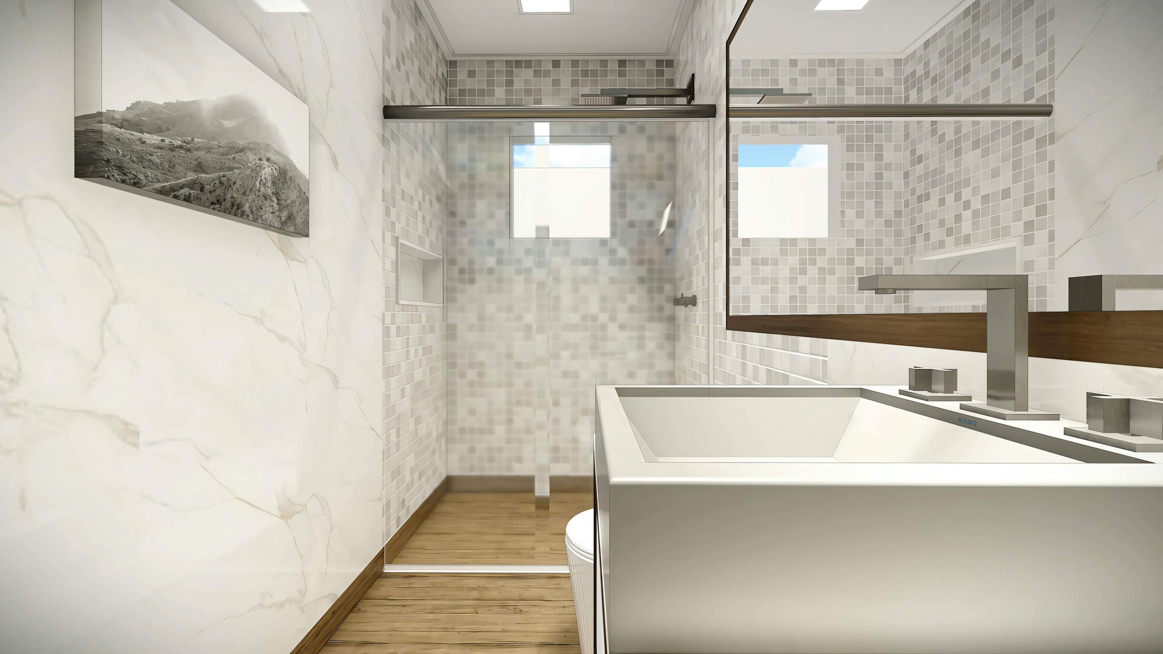 Bathroom with large mirror, sink, and shower area.