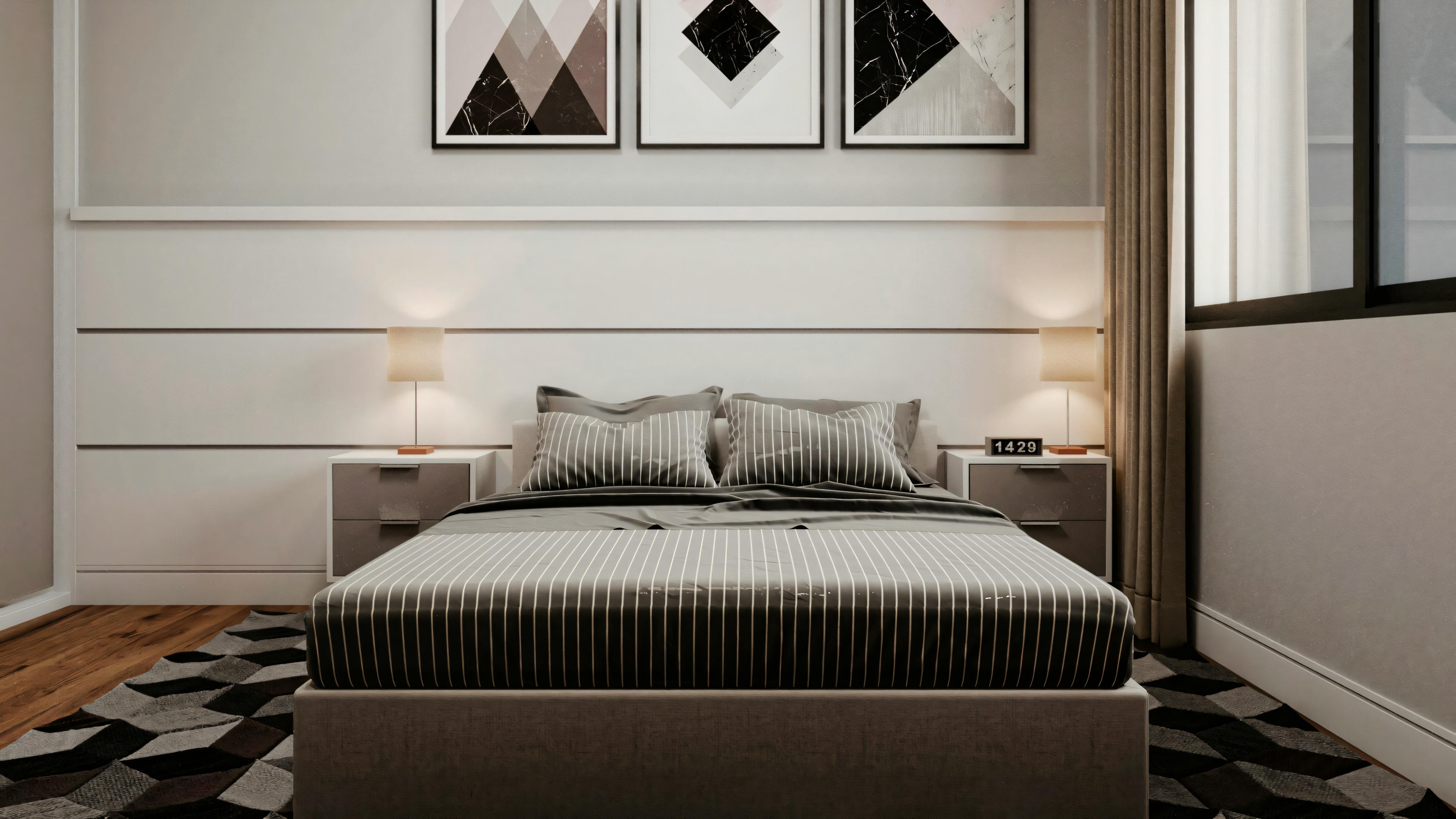 Bedroom with a large bed and dark bedding.