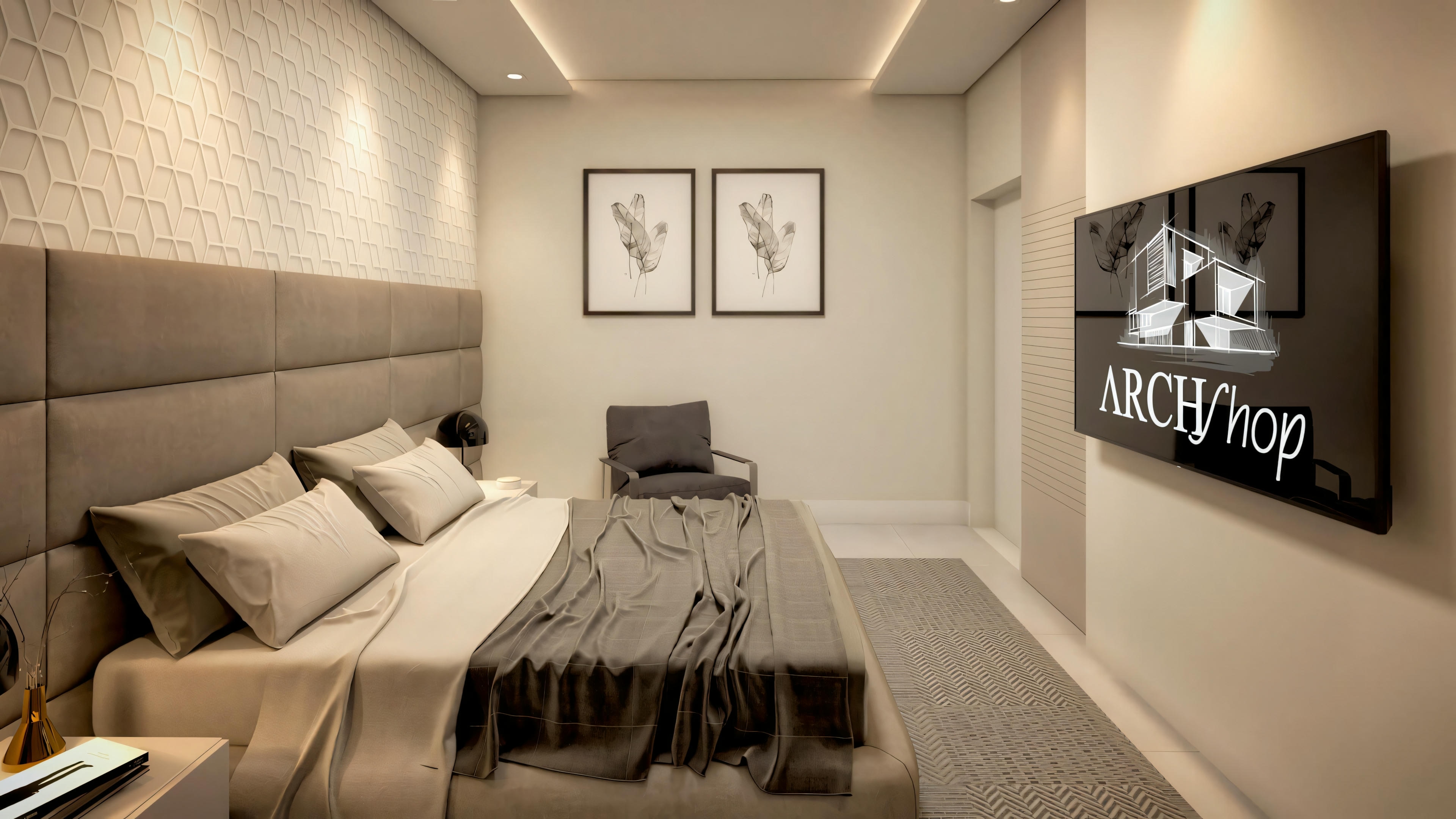 A bedroom with a bed, bedside tables with lamps, and wall decoration.