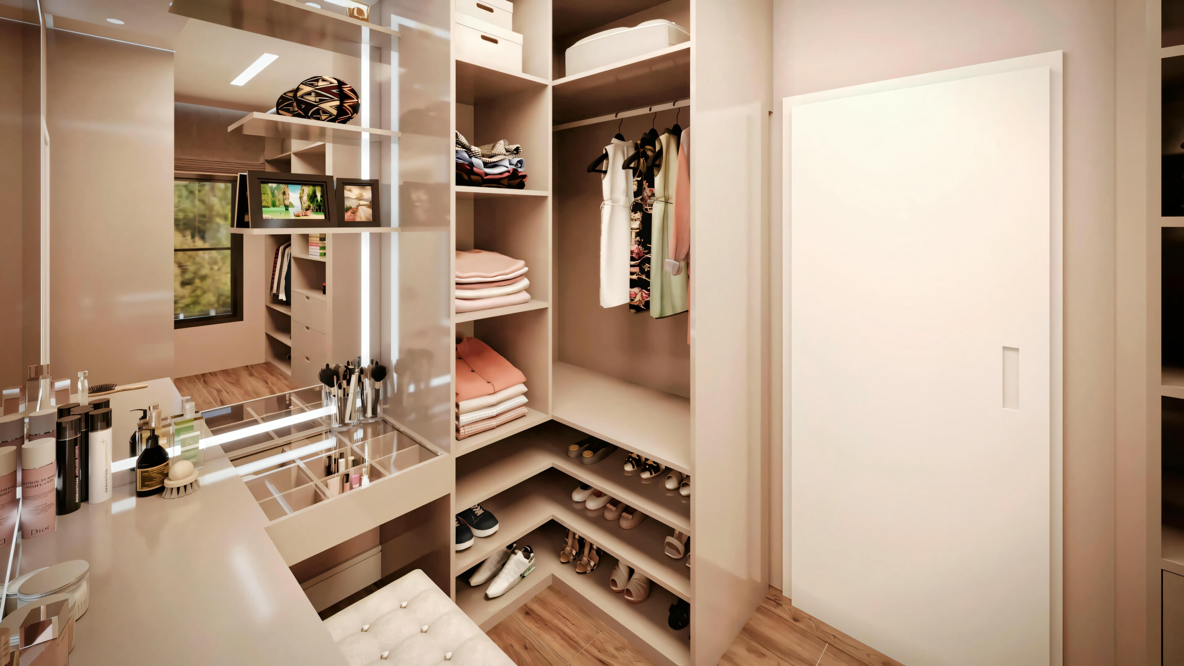 Um closet com divisórias de vidro, prateleiras de madeira e iluminação quente.