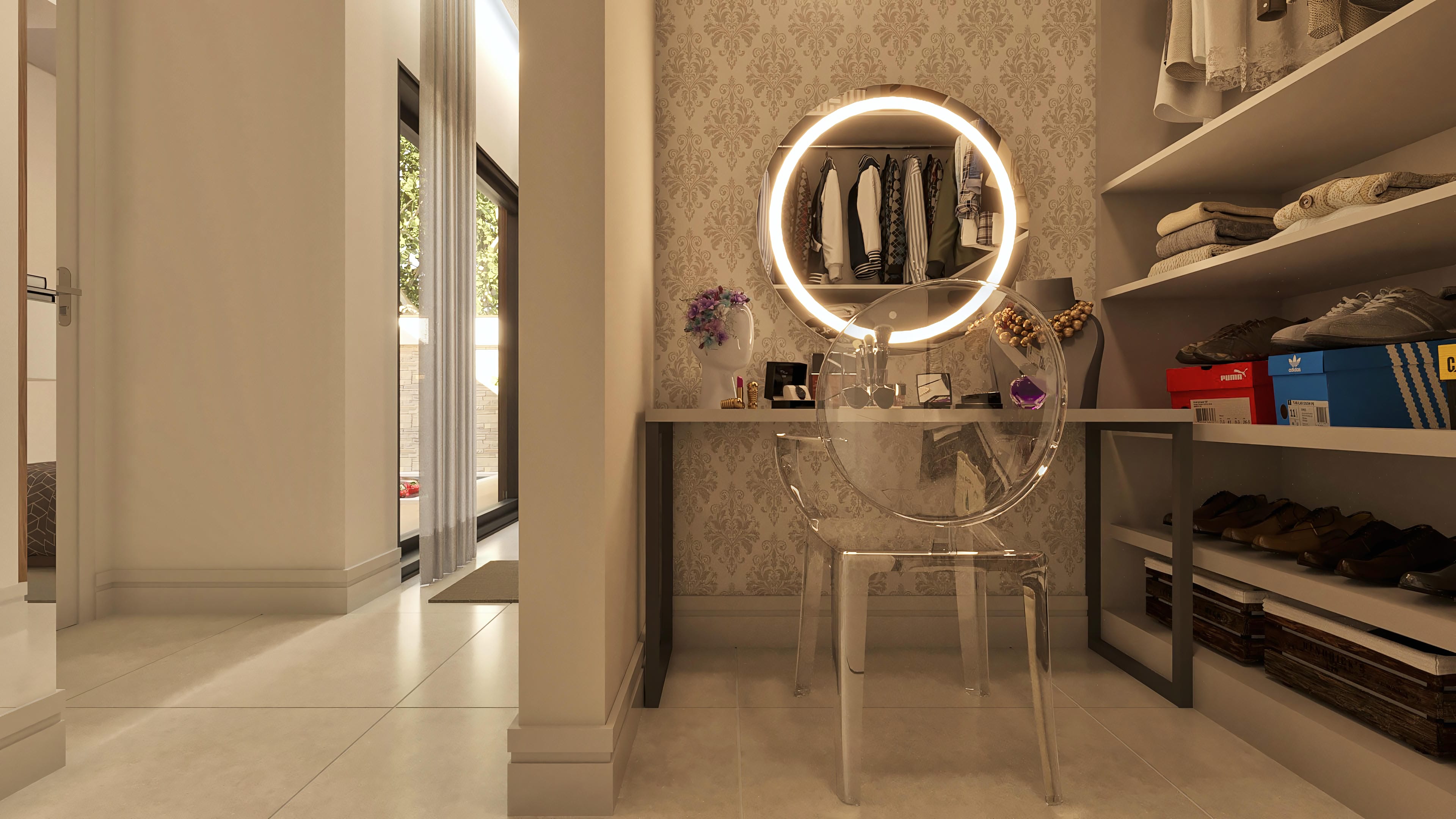 Interior de un closet moderno con espejo circular iluminado, estantes organizados con ropa y zapatos, y detalles en papel tapiz texturizado.