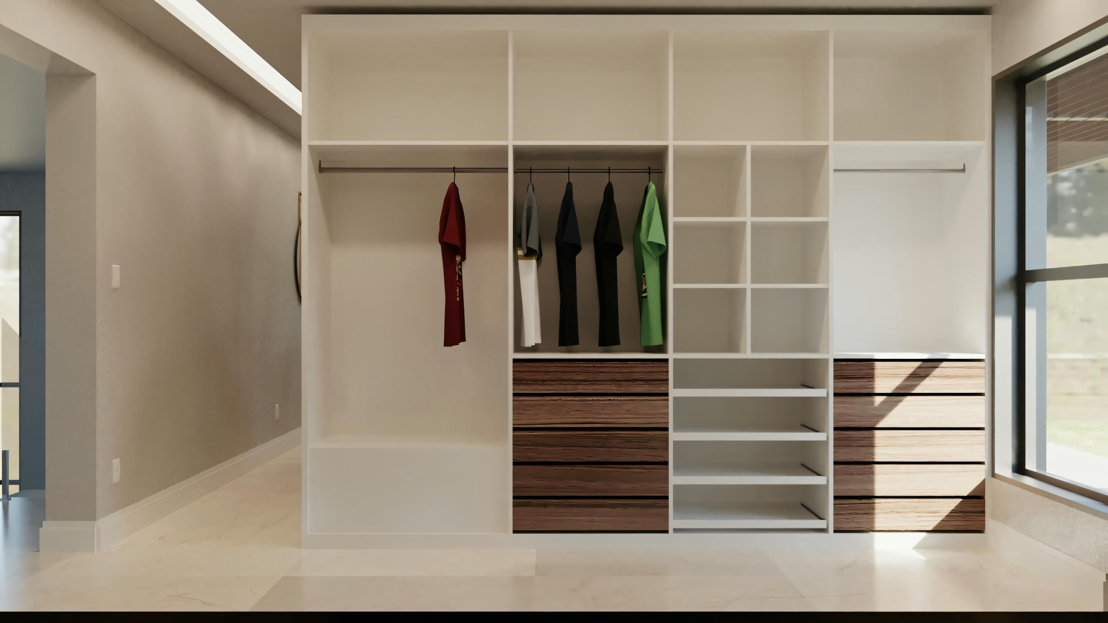 Another section of the same modern closet, with shelves displaying folded clothes and more shoes. The design is sleek and minimalist.