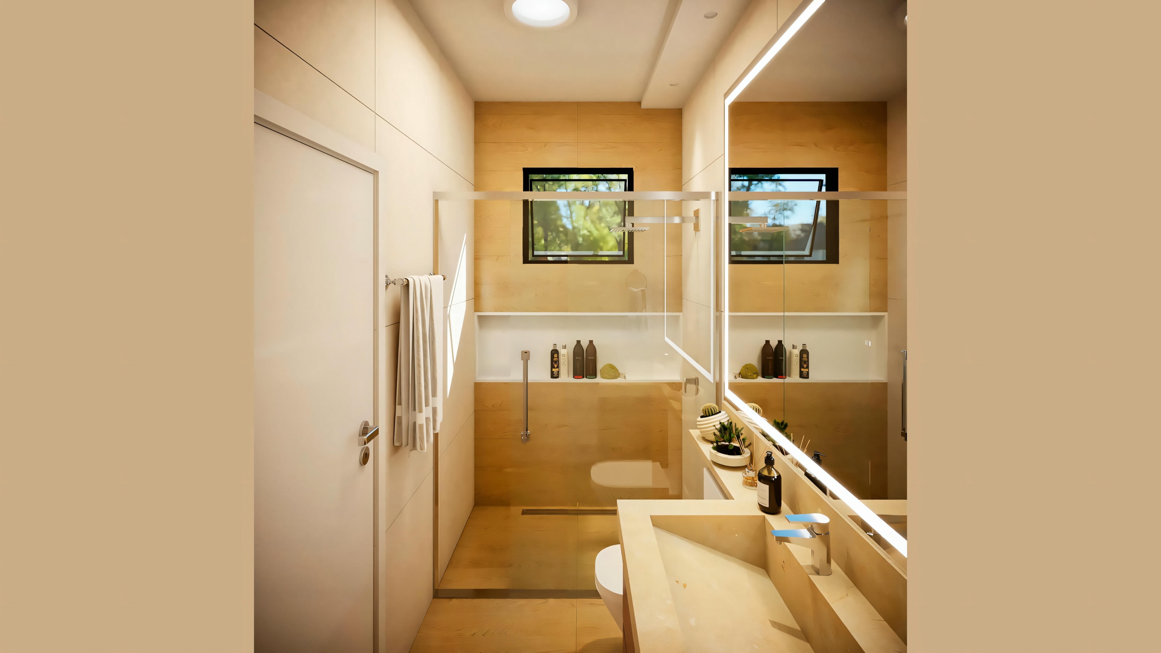 A bathroom with wooden elements, a large mirror over the sink, and towel racks.