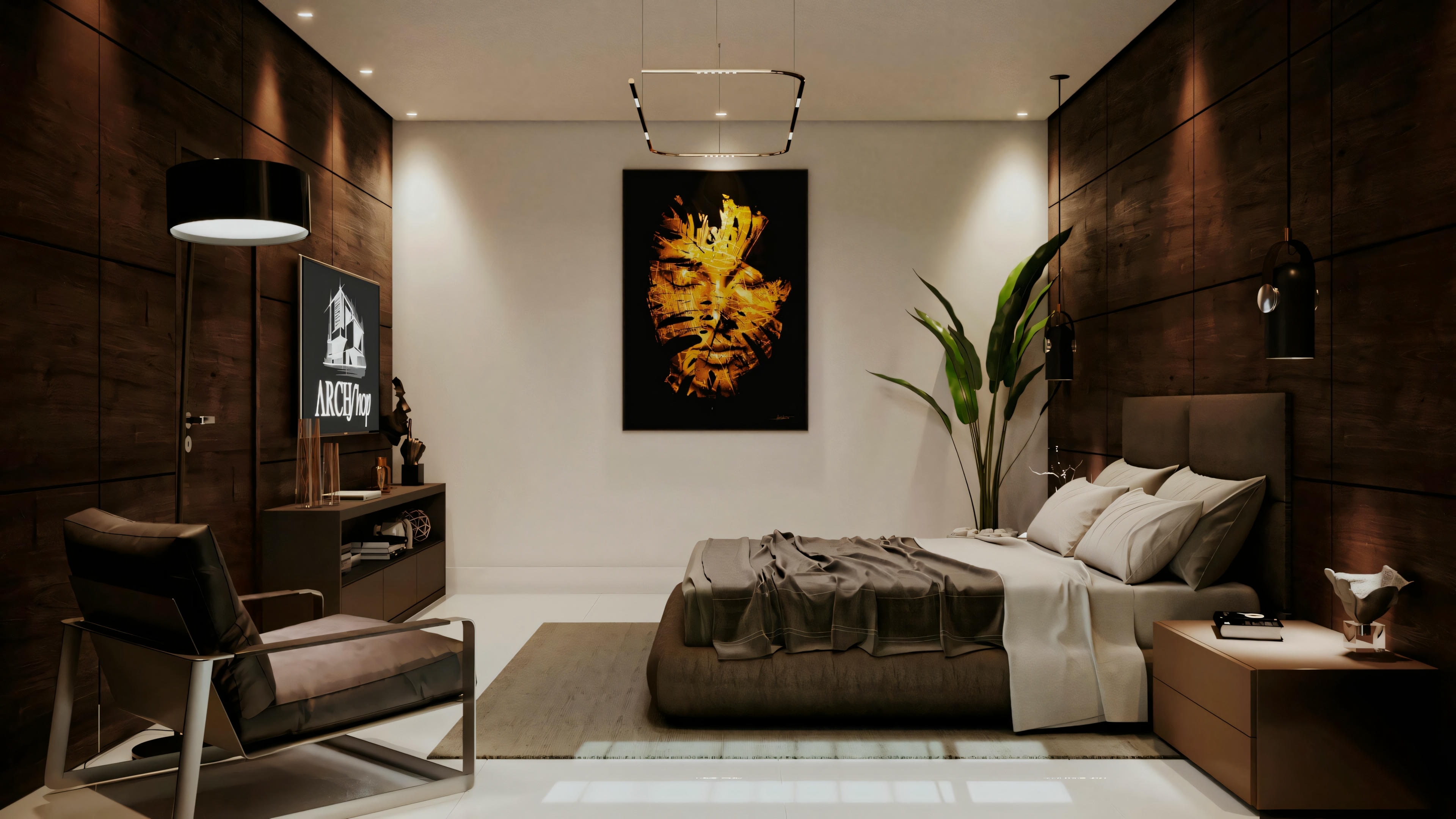 Bedroom with a bed, nightstands, lamps, and artwork hanging above the bed.