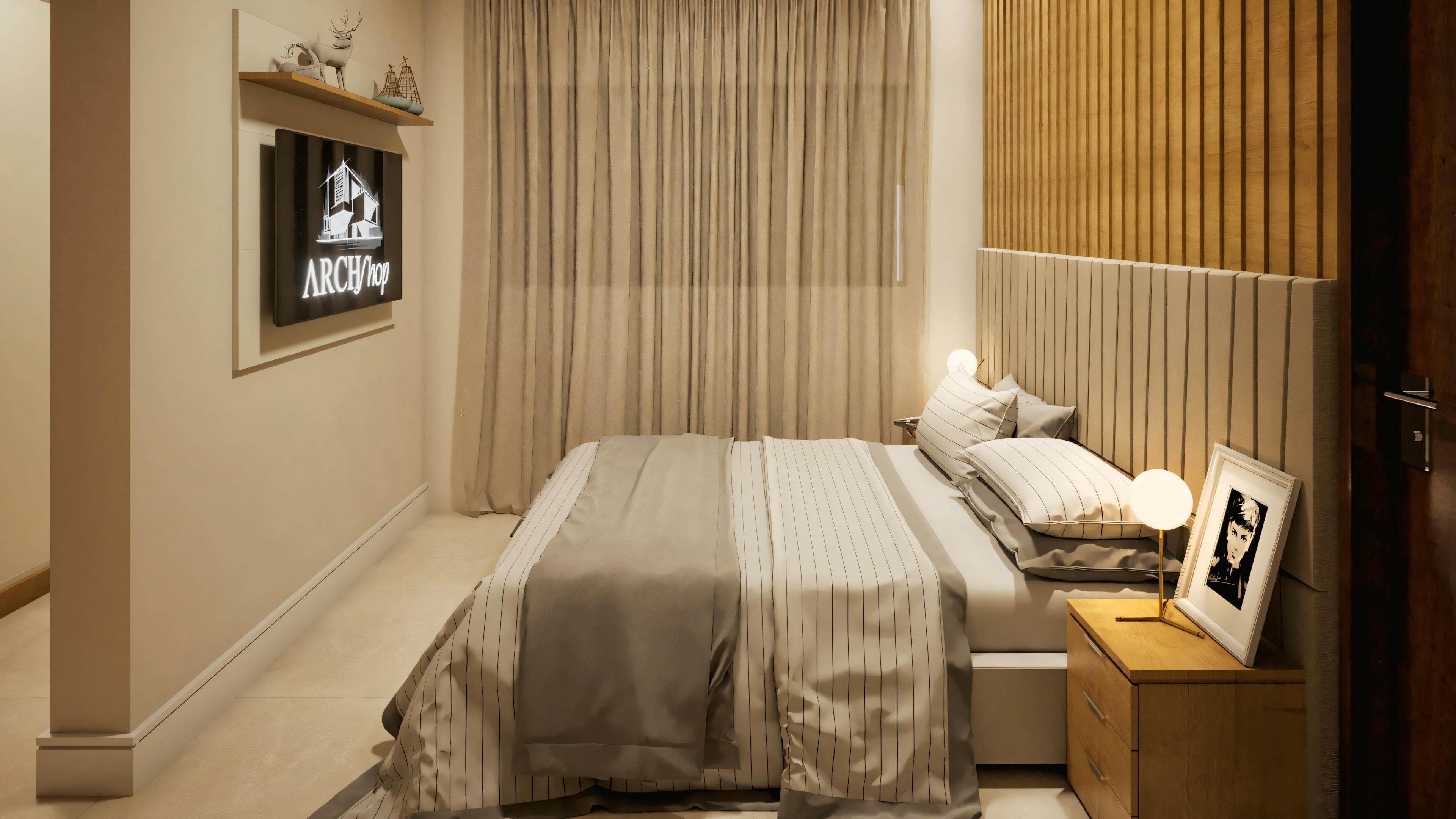 A cozy bedroom with a large bed, wooden panels on the wall, and soft lighting creating a warm ambiance.