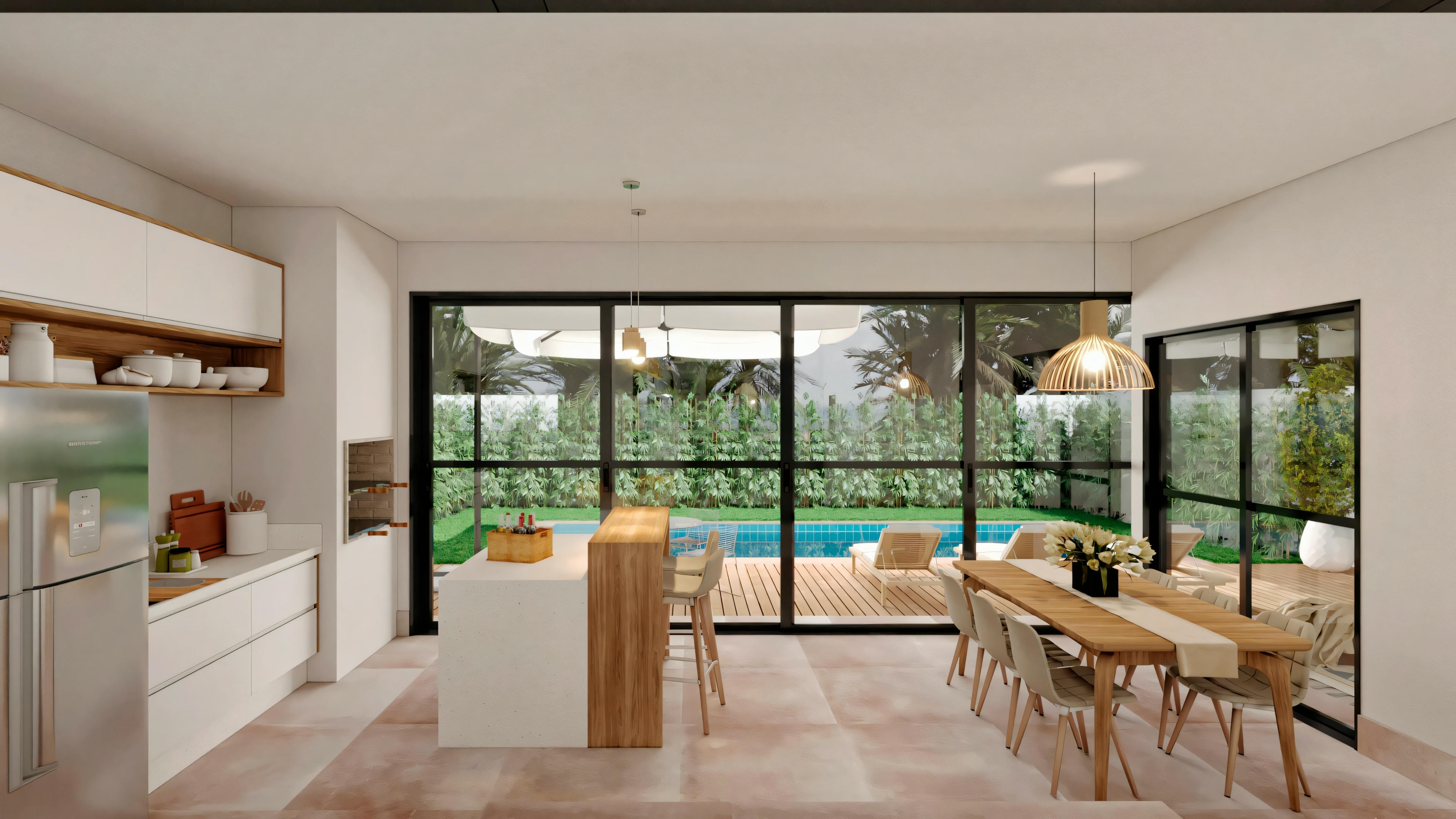 A spacious room with large windows overlooking a pool area, furnished with a dining table and chairs.