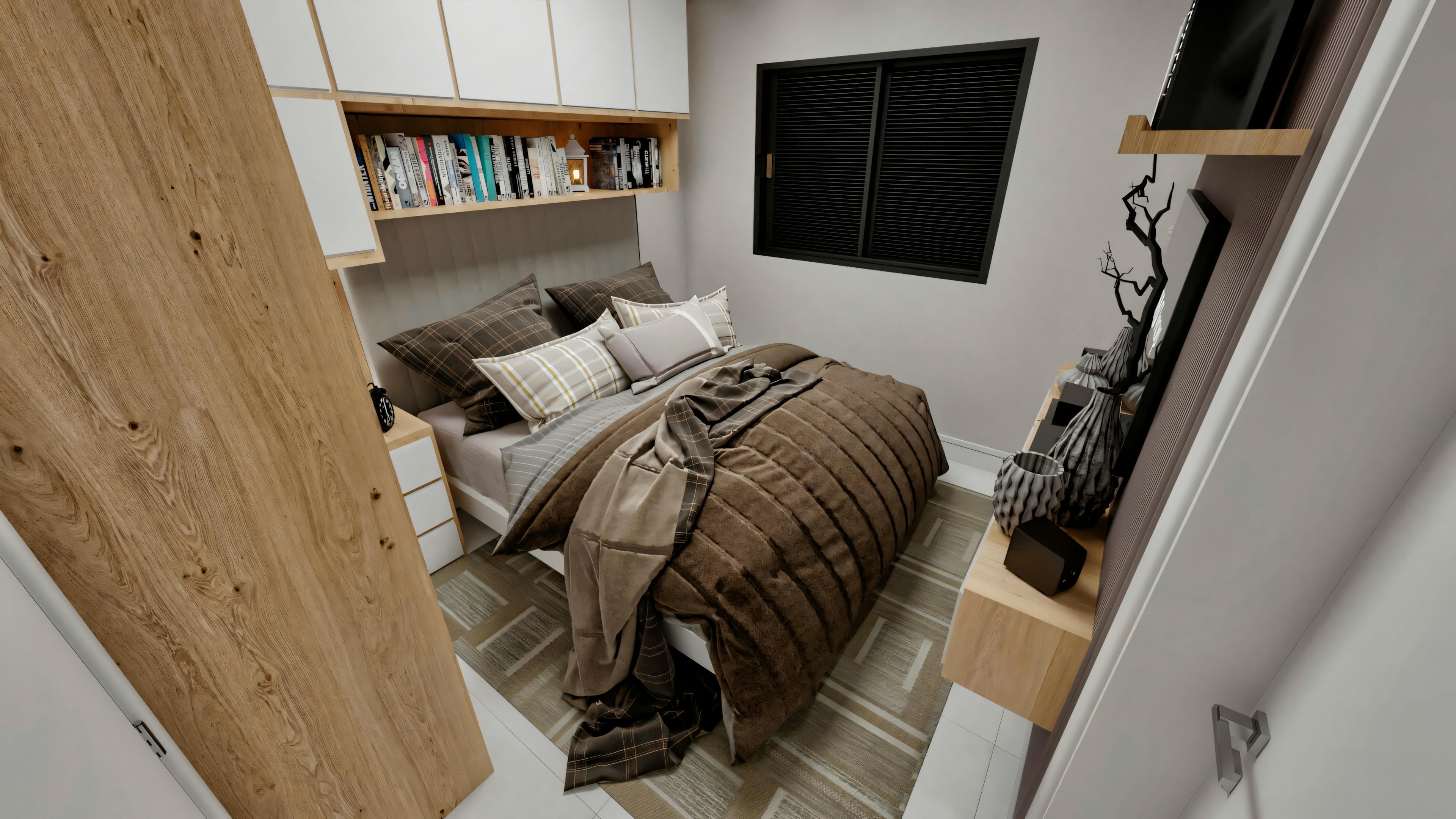 Dormitorio con cama de estructura de madera, colcha a rayas, mesa lateral y estantes arriba de la cama con libros y una pantalla negra.