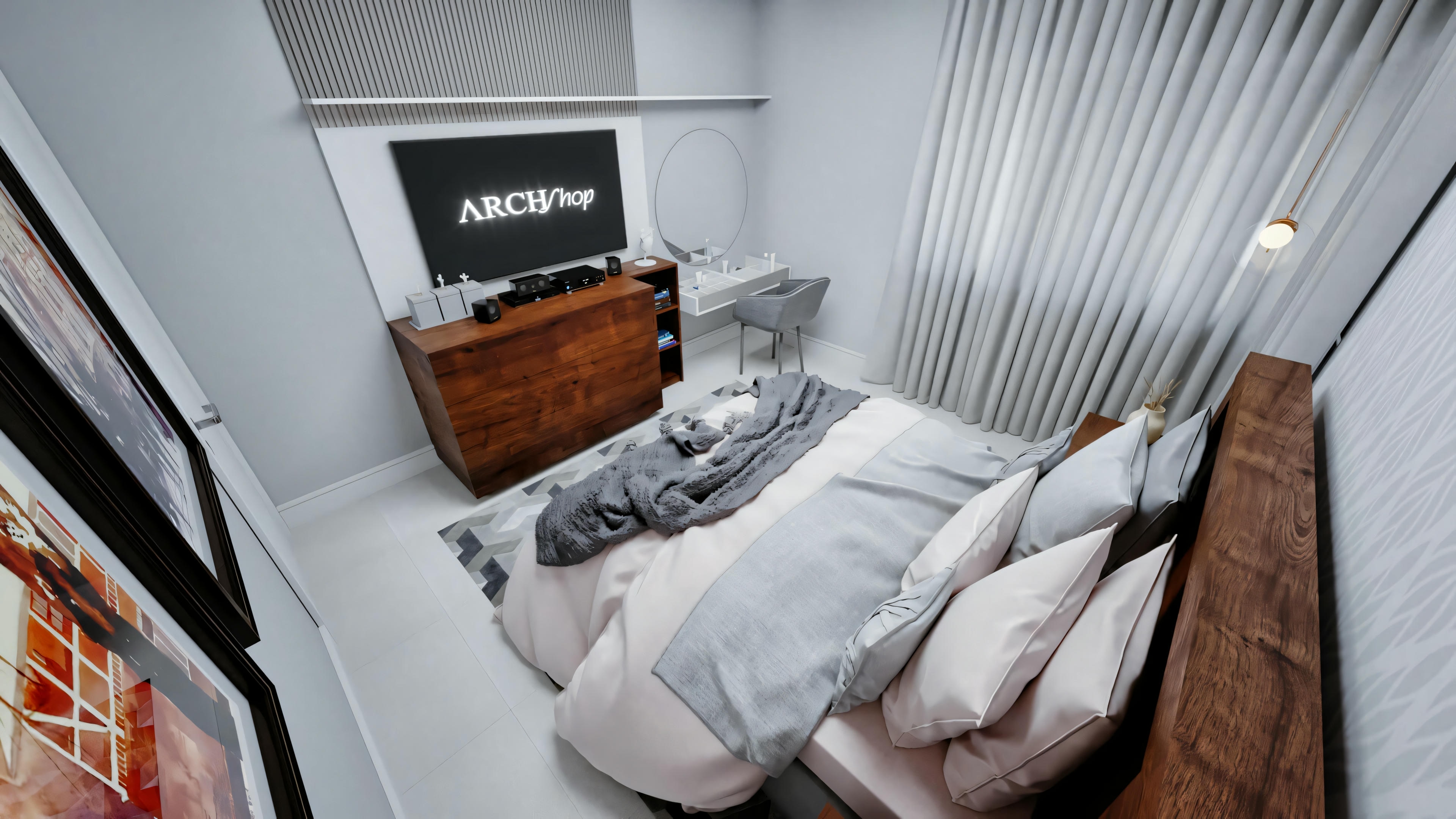 Dormitorio con cabecero gris, ropa de cama gris, dos mesitas de noche y una cómoda con espejo encima. La pared detrás de la cama tiene papel pintado de rayas verticales.