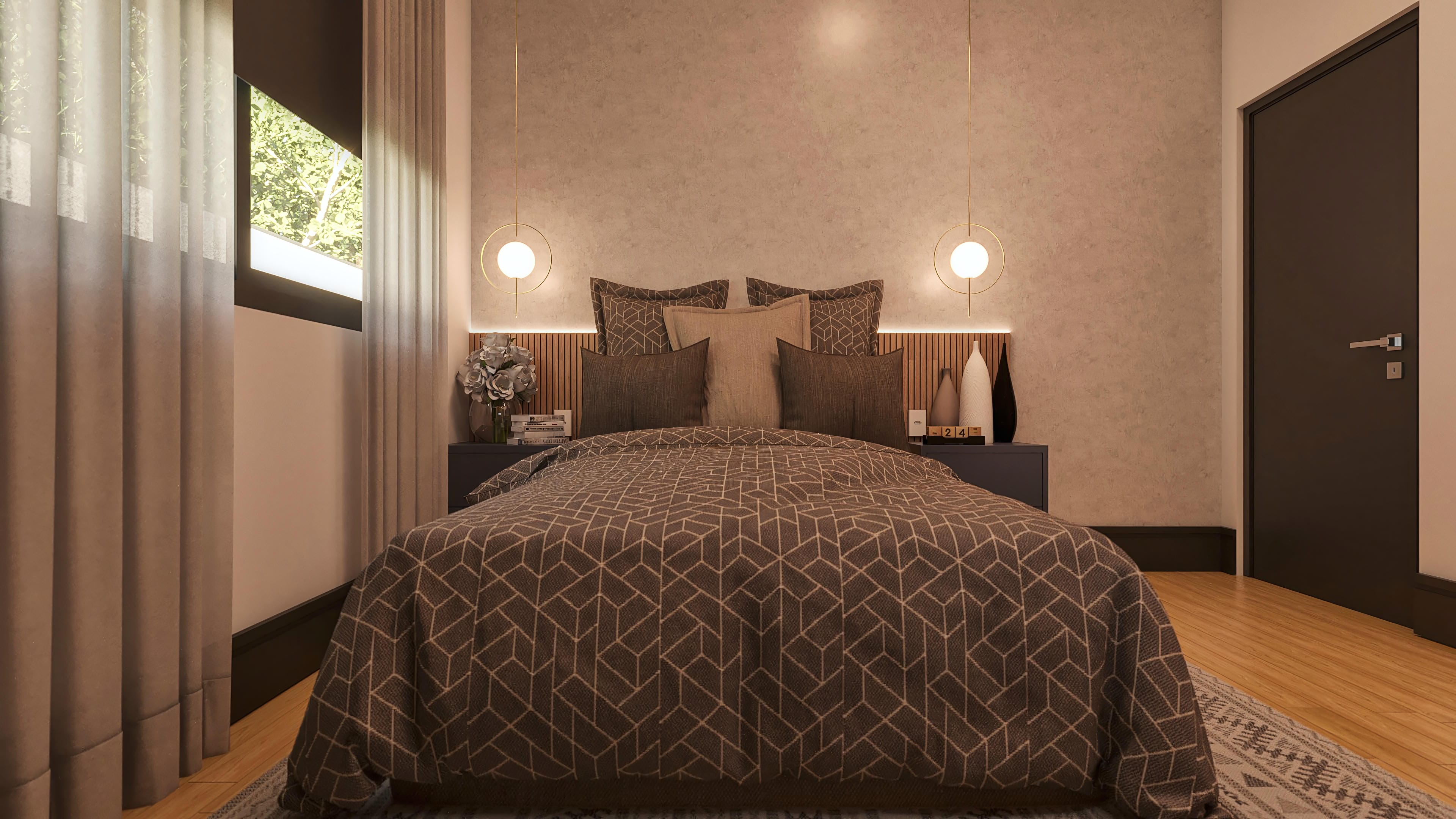Interior de un dormitorio moderno con cama de matrimonio, cabecero de listones de madera, paredes en textura cemento pulido e iluminación sutil.