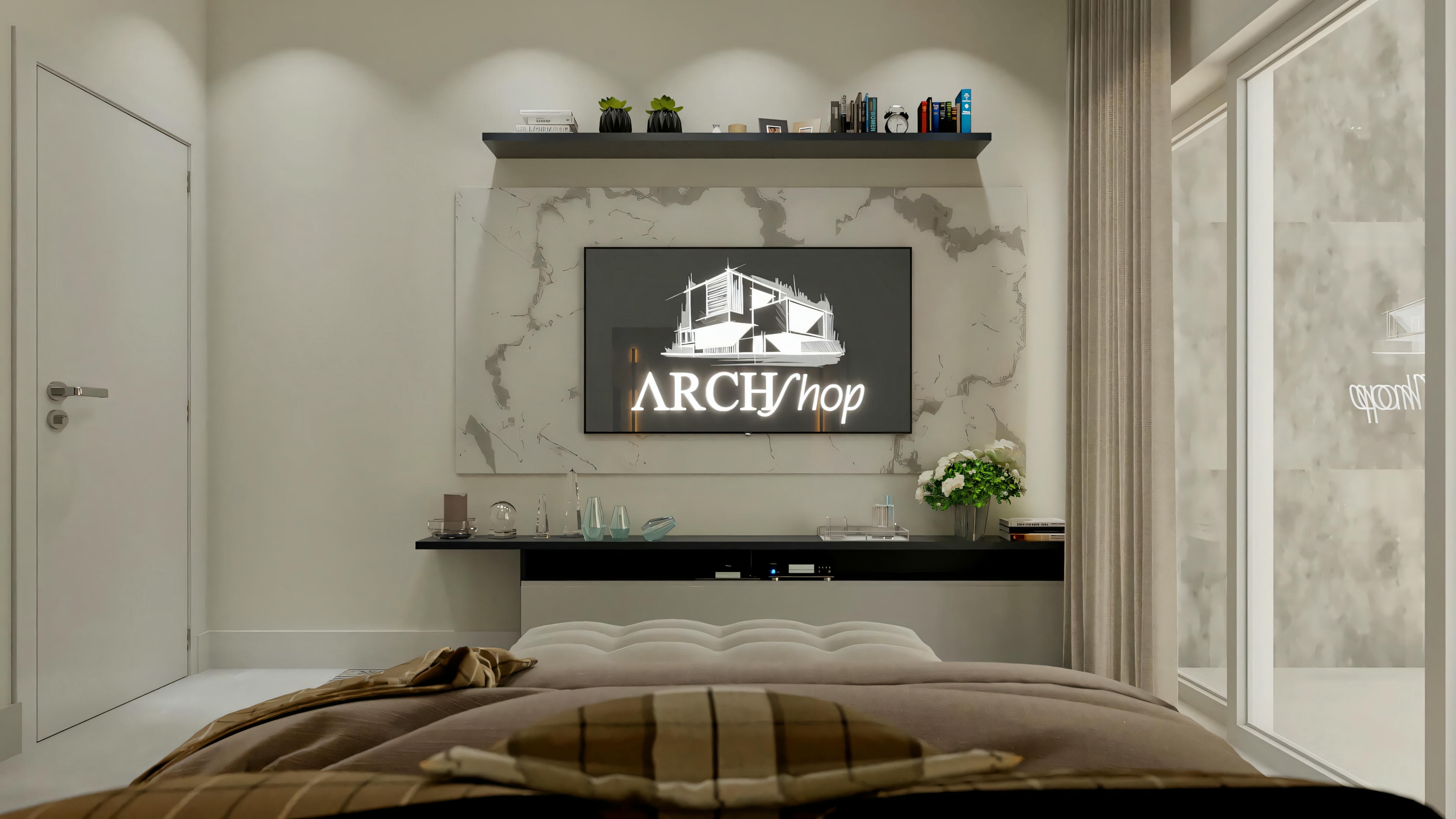 Panel de TV en mármol en el dormitorio de suite del proyecto de casa con 3 dormitorios y piscina. Vista desde la cama mostrando escritorio y estante. Proyecto residencial Archshop.