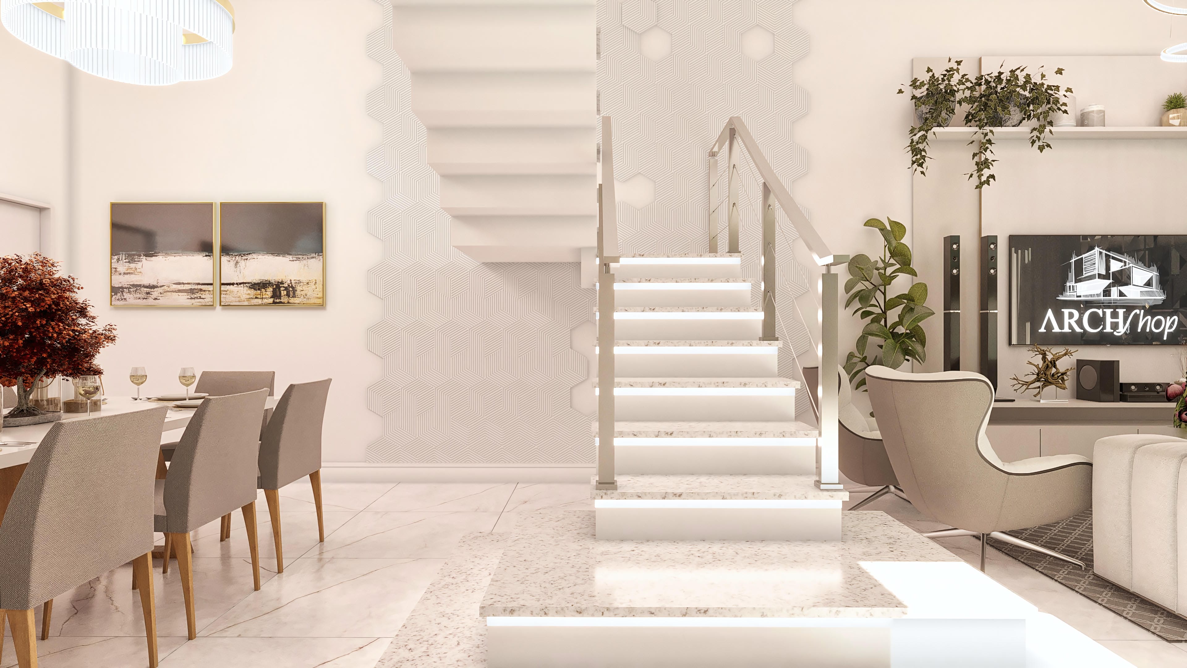 Detalle de escalera moderna interior con iluminación LED en los peldaños, pasamanos de metal y revestimiento en granito, integrada a un comedor con sillas en tonos neutros.