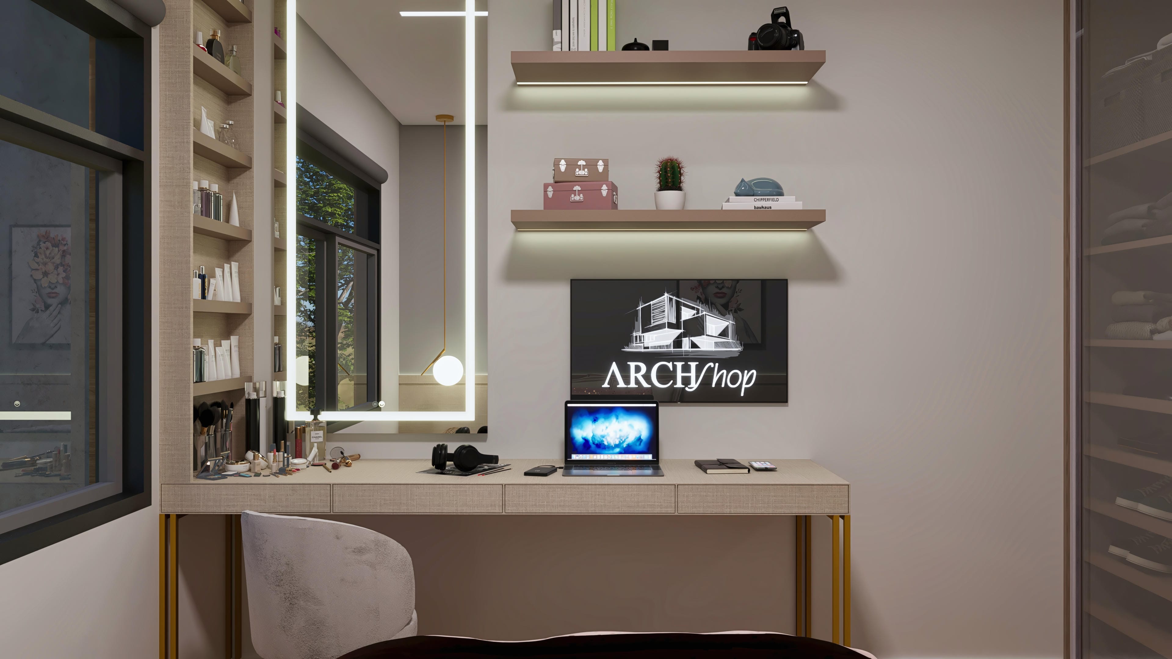 Interior de um escritório moderno com mesa de trabalho, espelho retangular com iluminação de LED e nichos de armazenamento com objetos decorativos e cosméticos.