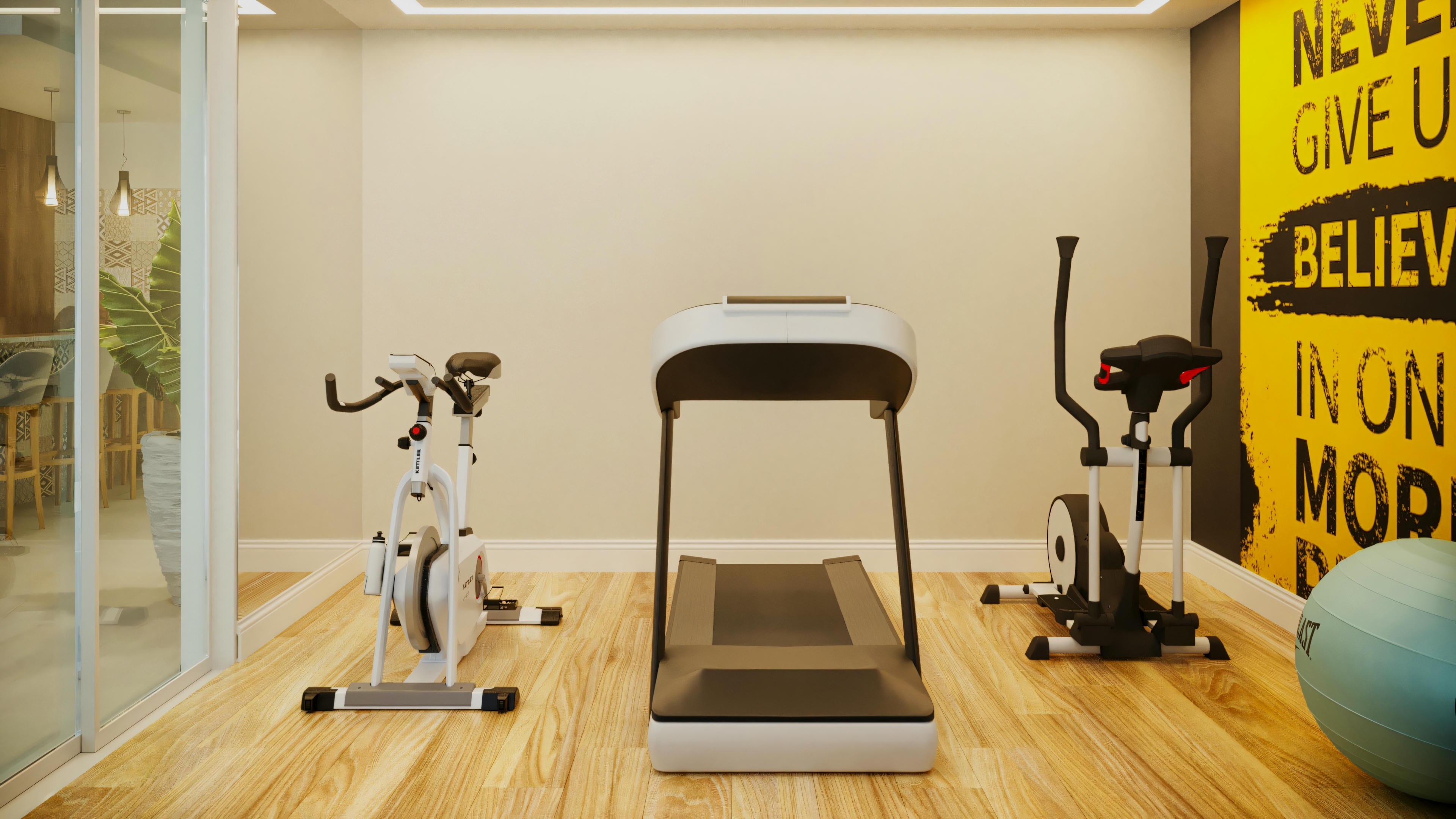 Gimnasio residencial completo con cinta de correr, bicicleta estática, elíptica y pared motivacional, en casa con 3 suites y piscina.