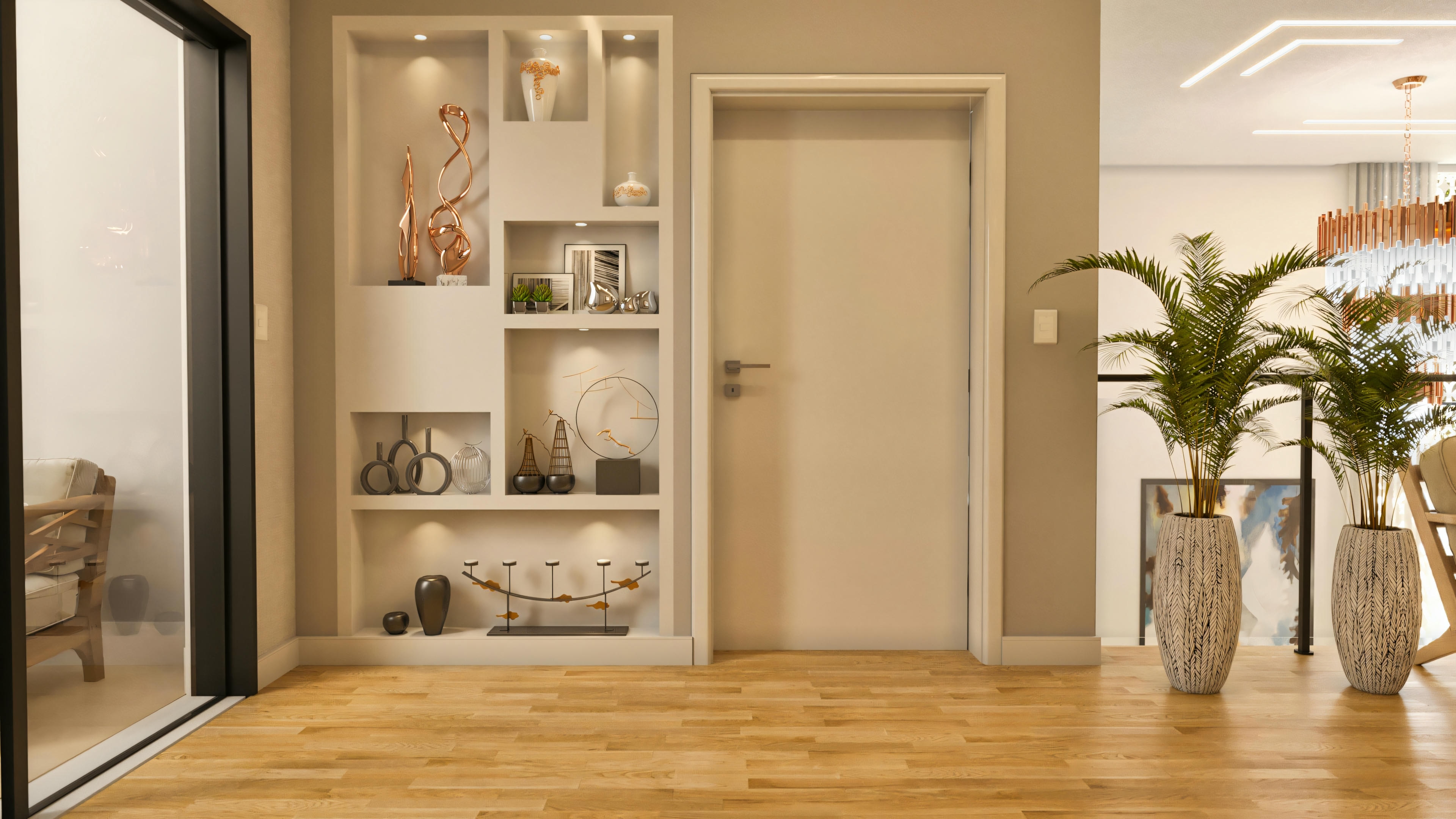 Hall ou corredor com piso de madeira, estante decorativa embutida na parede com iluminação spot, porta de acesso e vasos de plantas, em projeto de casa com 4 quartos.