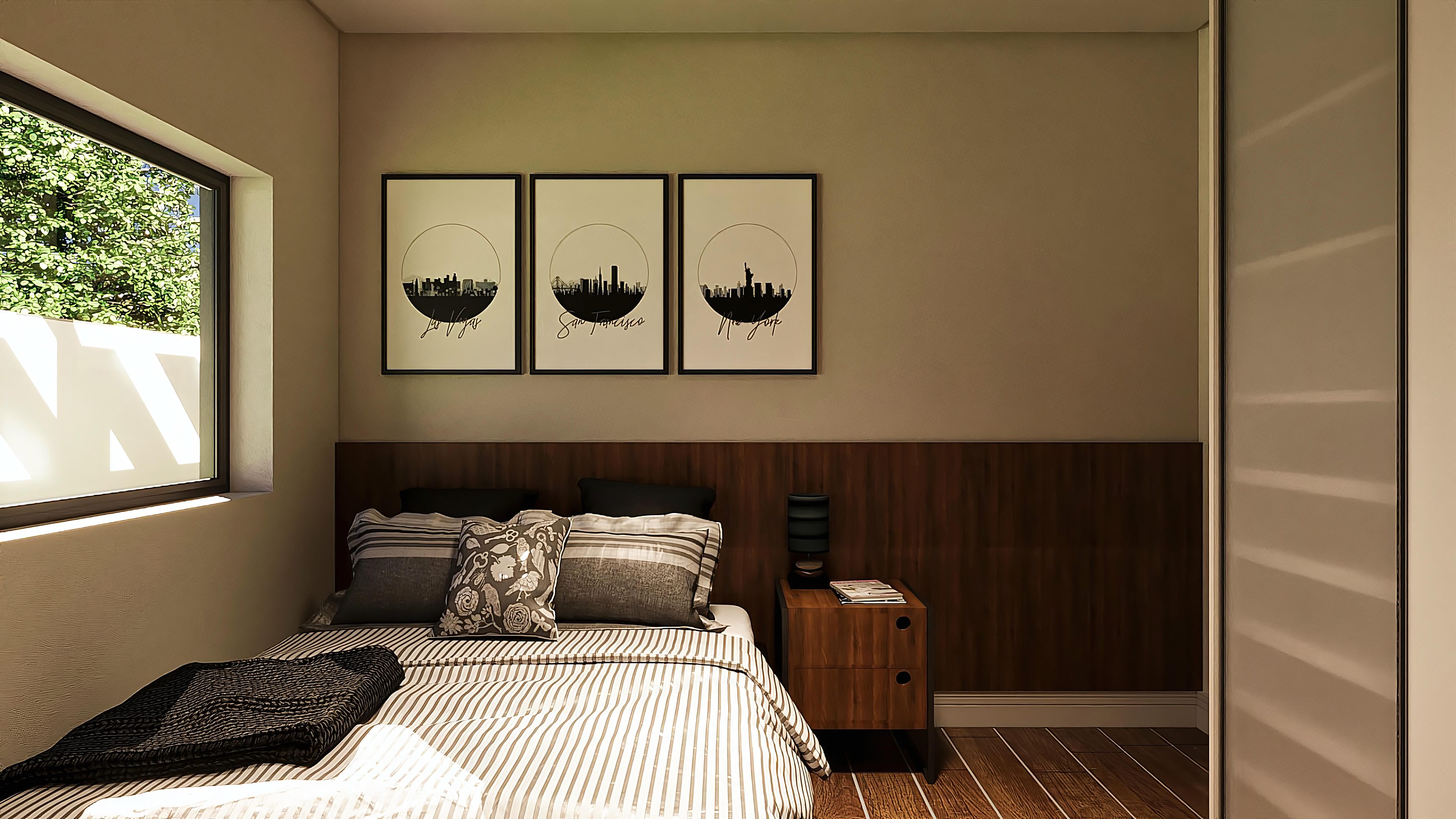 Interior of a cozy bedroom in a neoclassical two-story house project, with a double bed, wooden headboard, and decorative frames.