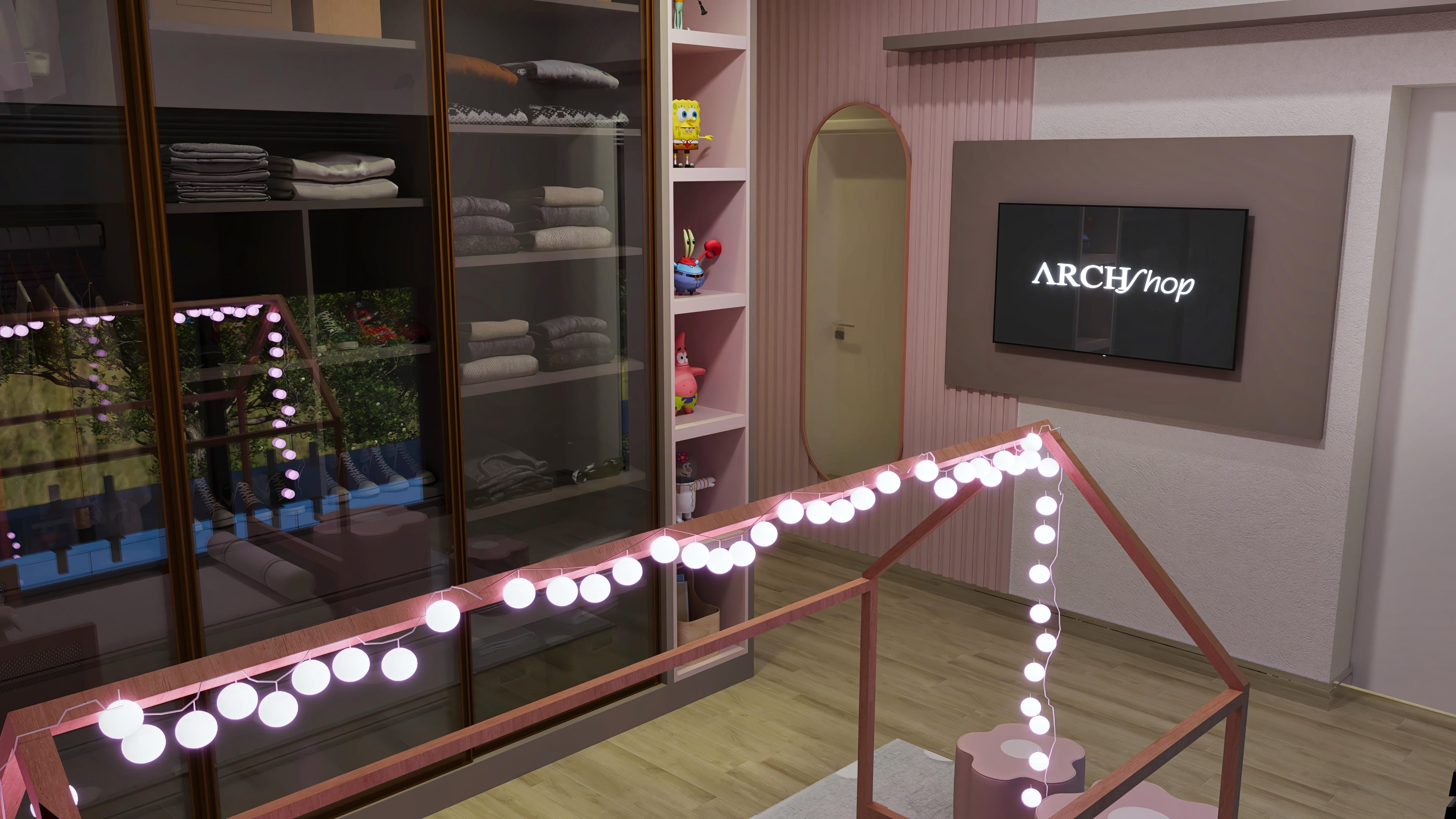 Interior of a modern two-story house with mirrored cabinets, organized shelves, playful decoration with lights, and integrated TV frame.