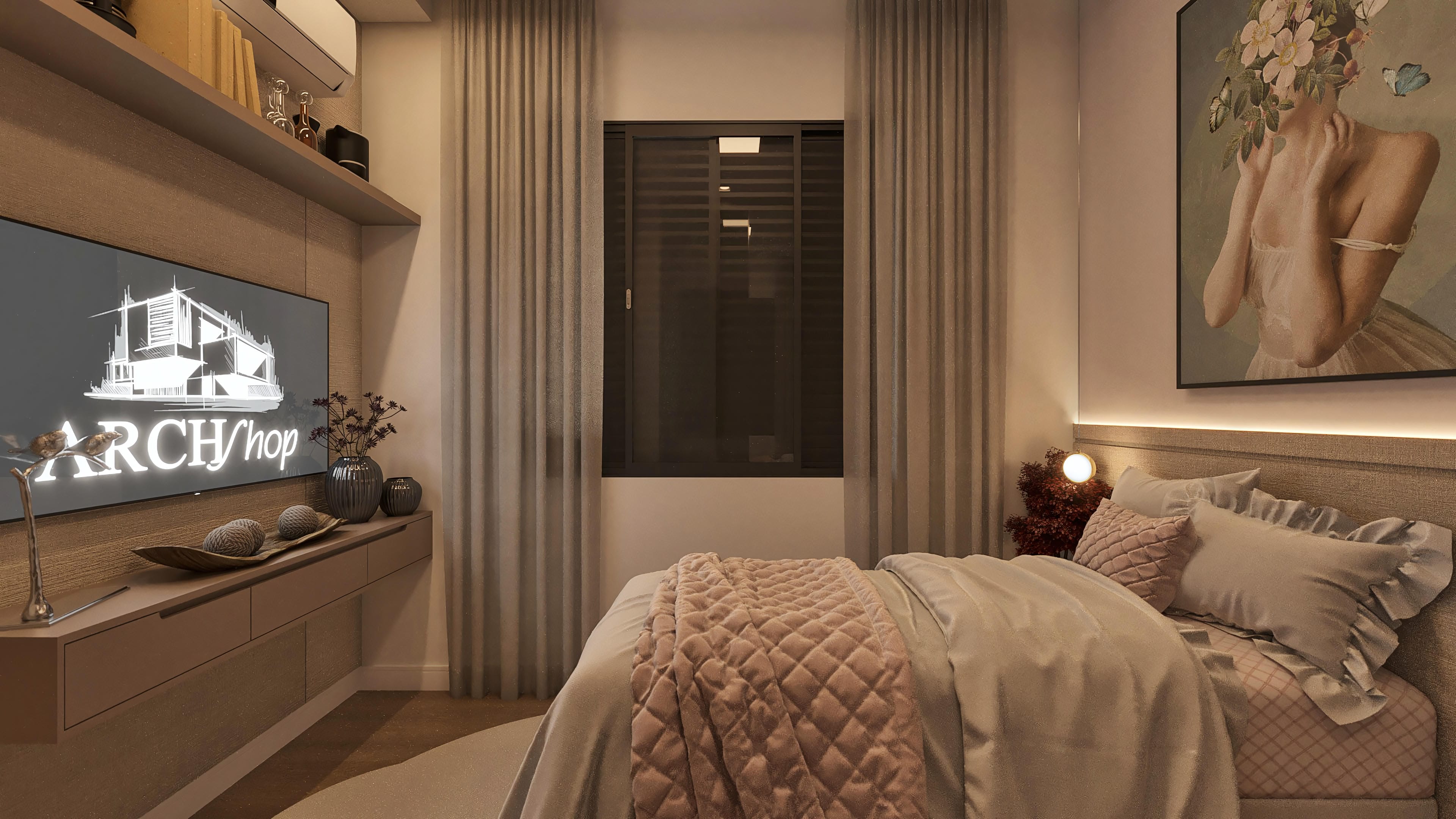 Habitación decorada con muebles modernos, panel con TV, cortinas elegantes y una obra de arte floral. El espacio cuenta con iluminación empotrada y acabados texturizados.