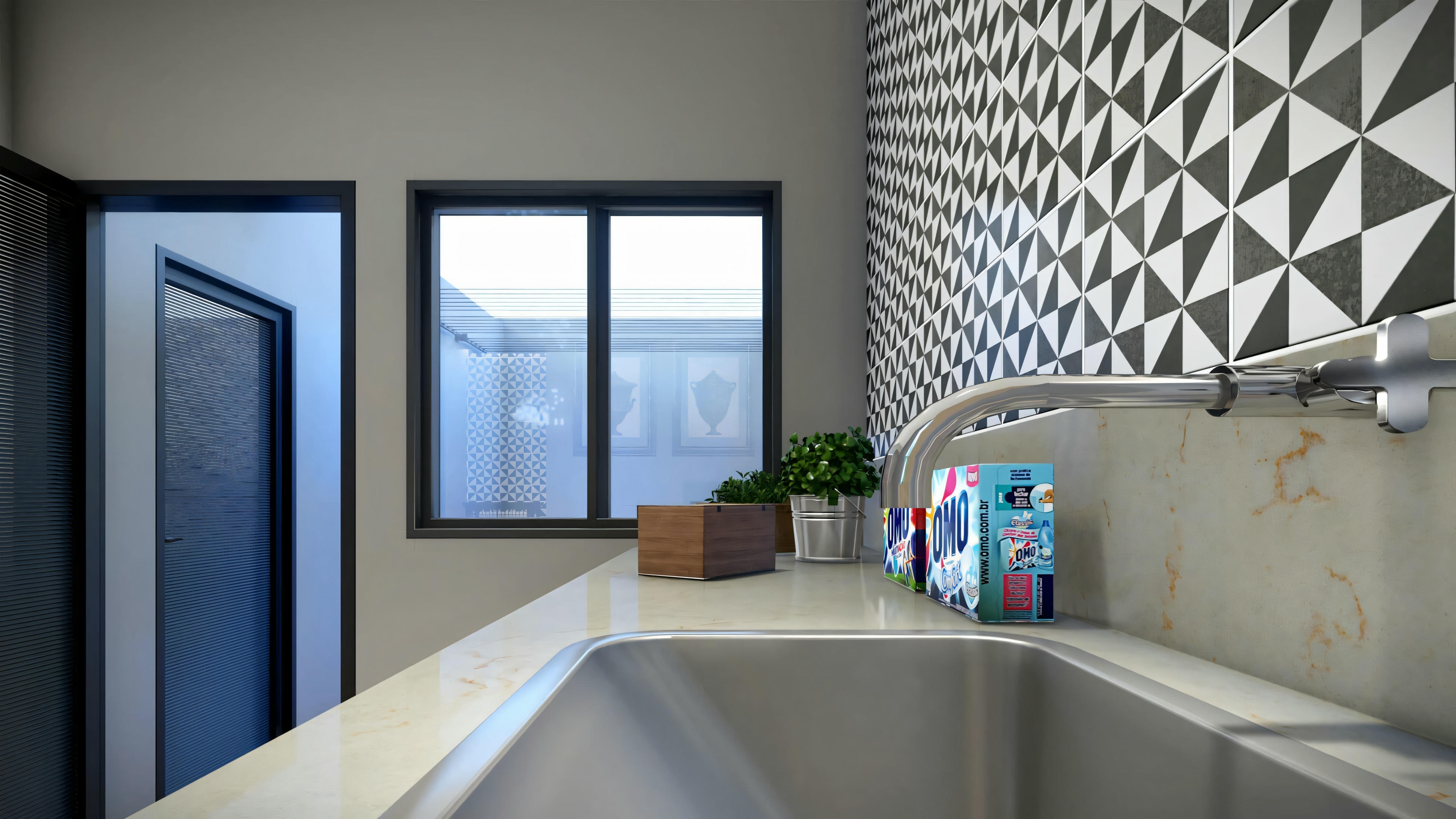 Laundry room with washing machines, window, and white cabinets.