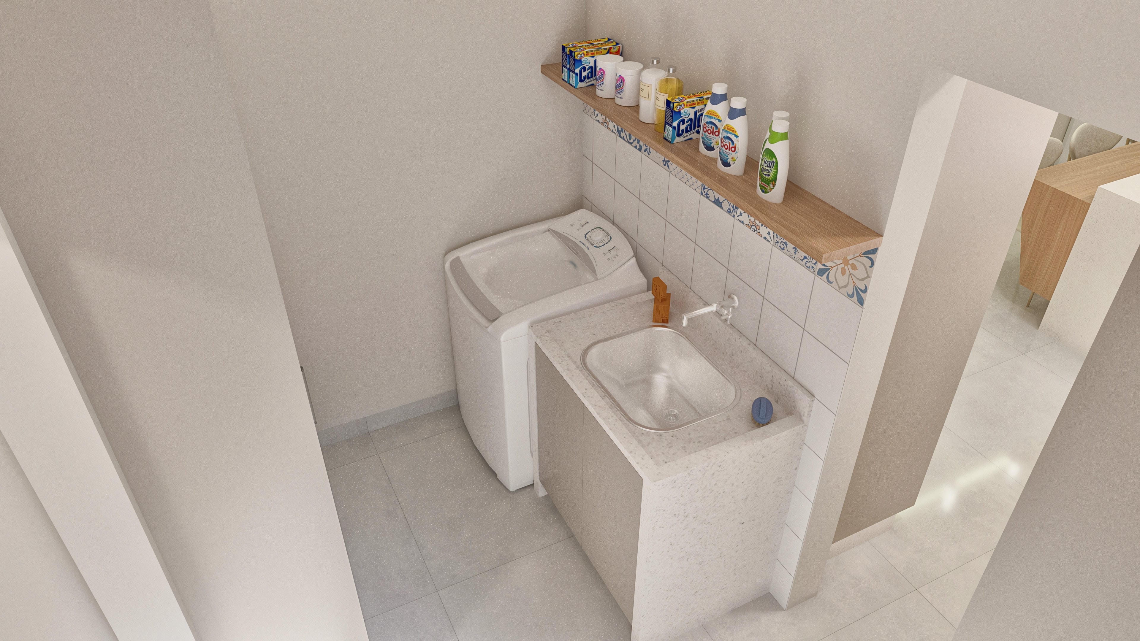 Vista detallada de una zona de lavandería con lavadora, pila y encimera de terrazo, además de un estante con productos de limpieza y azulejos decorativos.