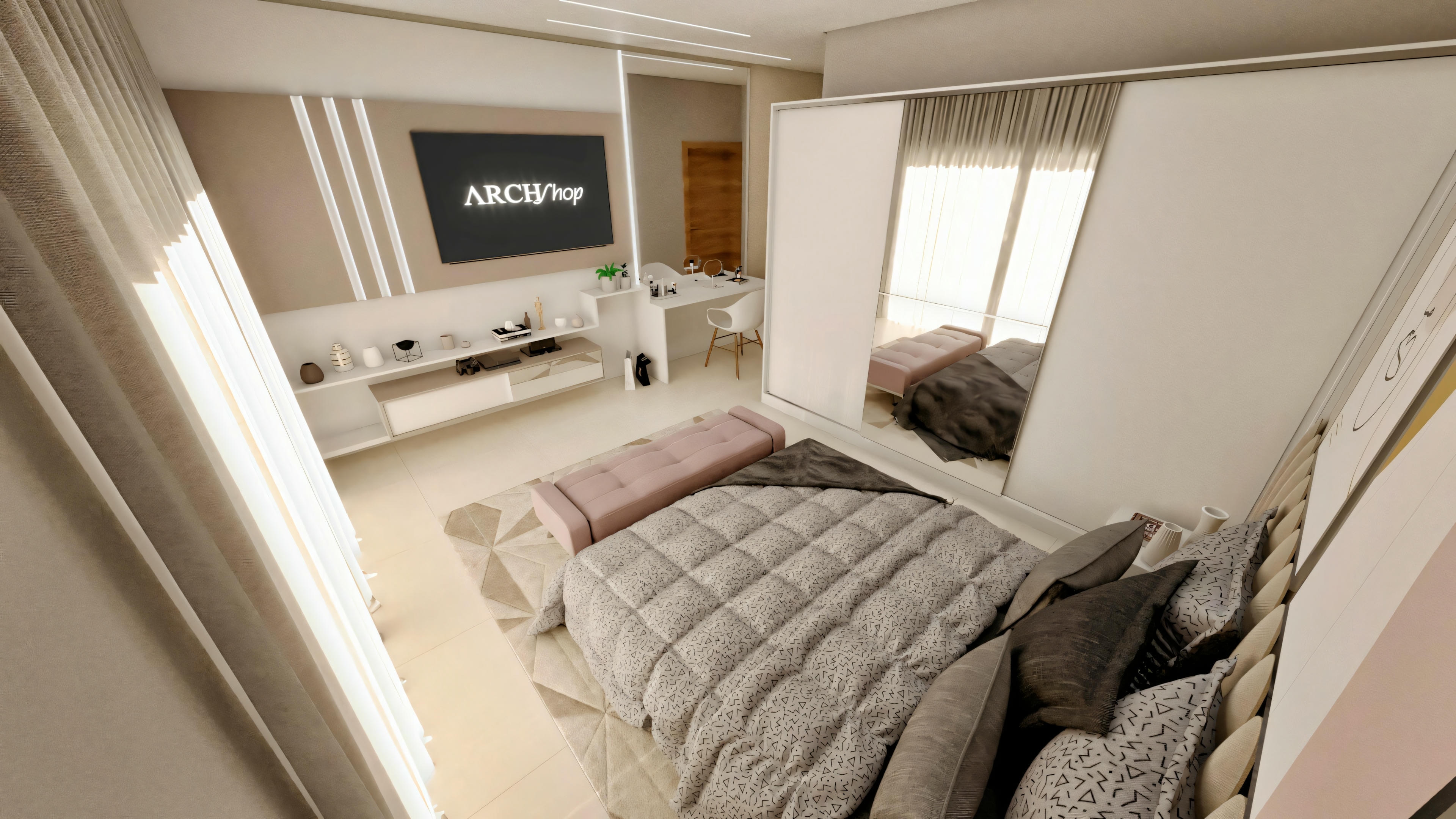 Wide top view of a master suite bedroom with planned furniture, including a bed, wardrobe, study countertop, and TV panel, in a modern neoclassical style house.